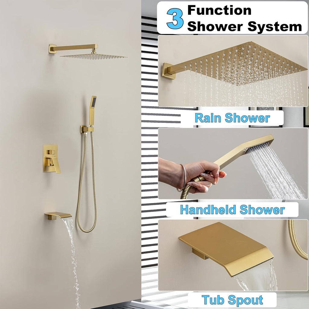 Brushed Gold Shower System with 12-Inch Rain Showerhead and Tub Spout | cUPC-certified pressure balance brass valve to prevent scalding, CEC-certified air injection technology for low pressure