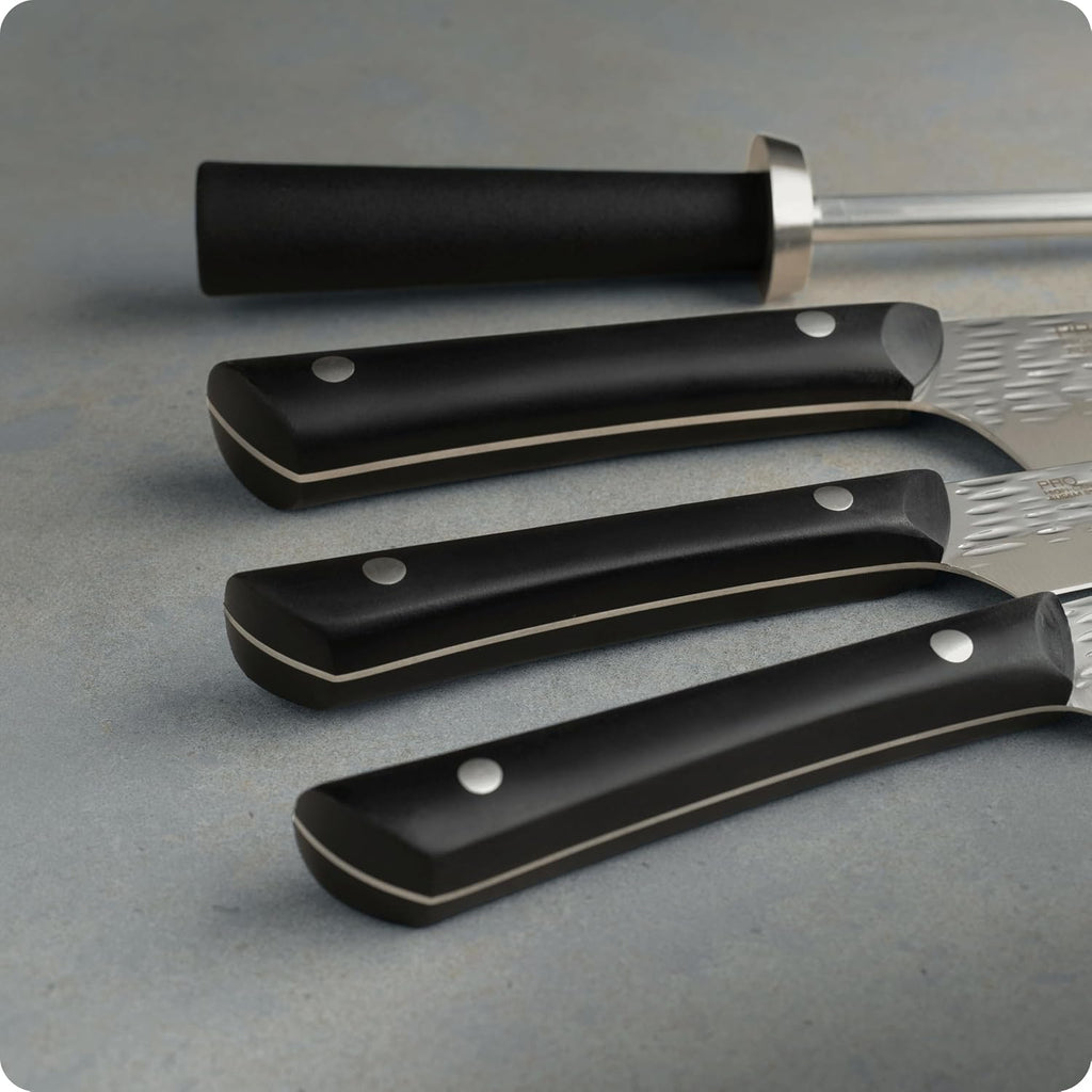 Kai PRO 5 Piece Slimline Block Set, Includes 8' Chef, 3.5' Paring and 6' Utility Knives, Knife Block Set, Japanese AUS6M Stainless Steel Blades, Full-Tang POM Handles