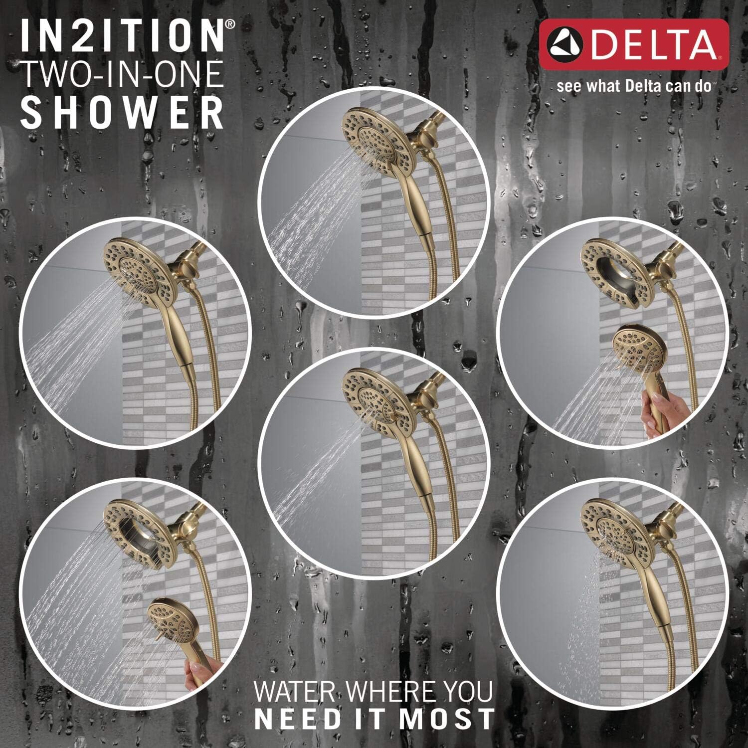 Delta Arvo 14 Series Brushed Gold Bathtub Shower Faucet Set with In2ition 2-in-1 Dual Shower Head with Handheld Spray Combo, Valve Trim Kit, Champagne Bronze 144840-CZ-I (Valve Included)