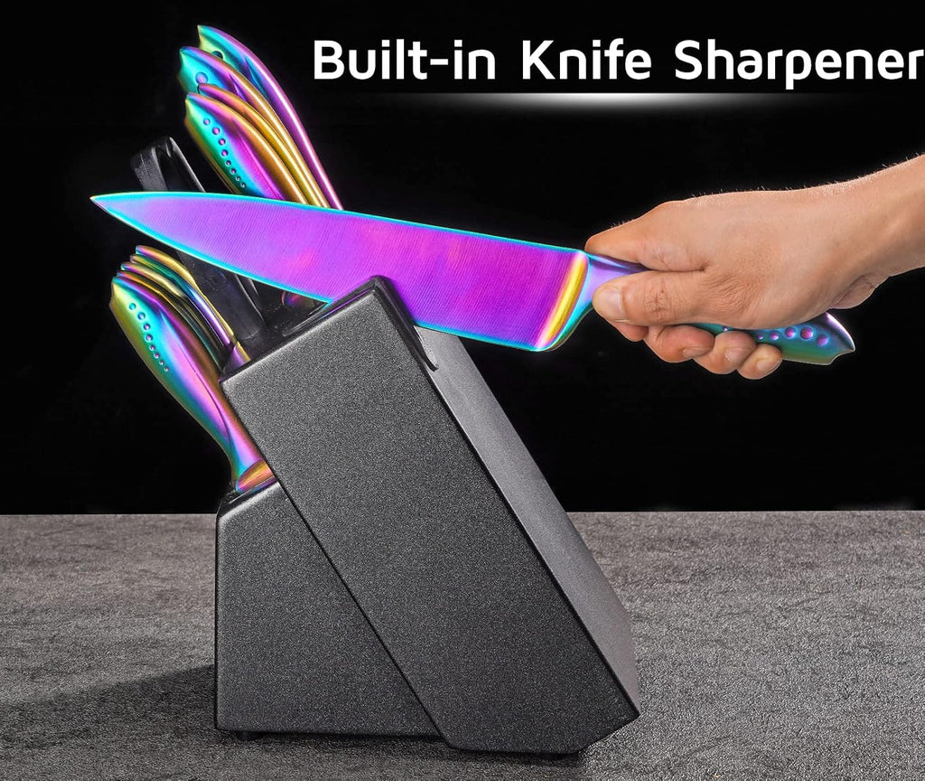 WELLSTAR Rainbow Knife Set 14 Pieces, Iridescent German Stainless Steel Kitchen Knives Set with Wooden Block, Colorful Titanium Coating, Chef's Knife Block Set with Scissors and Built-in Sharpener