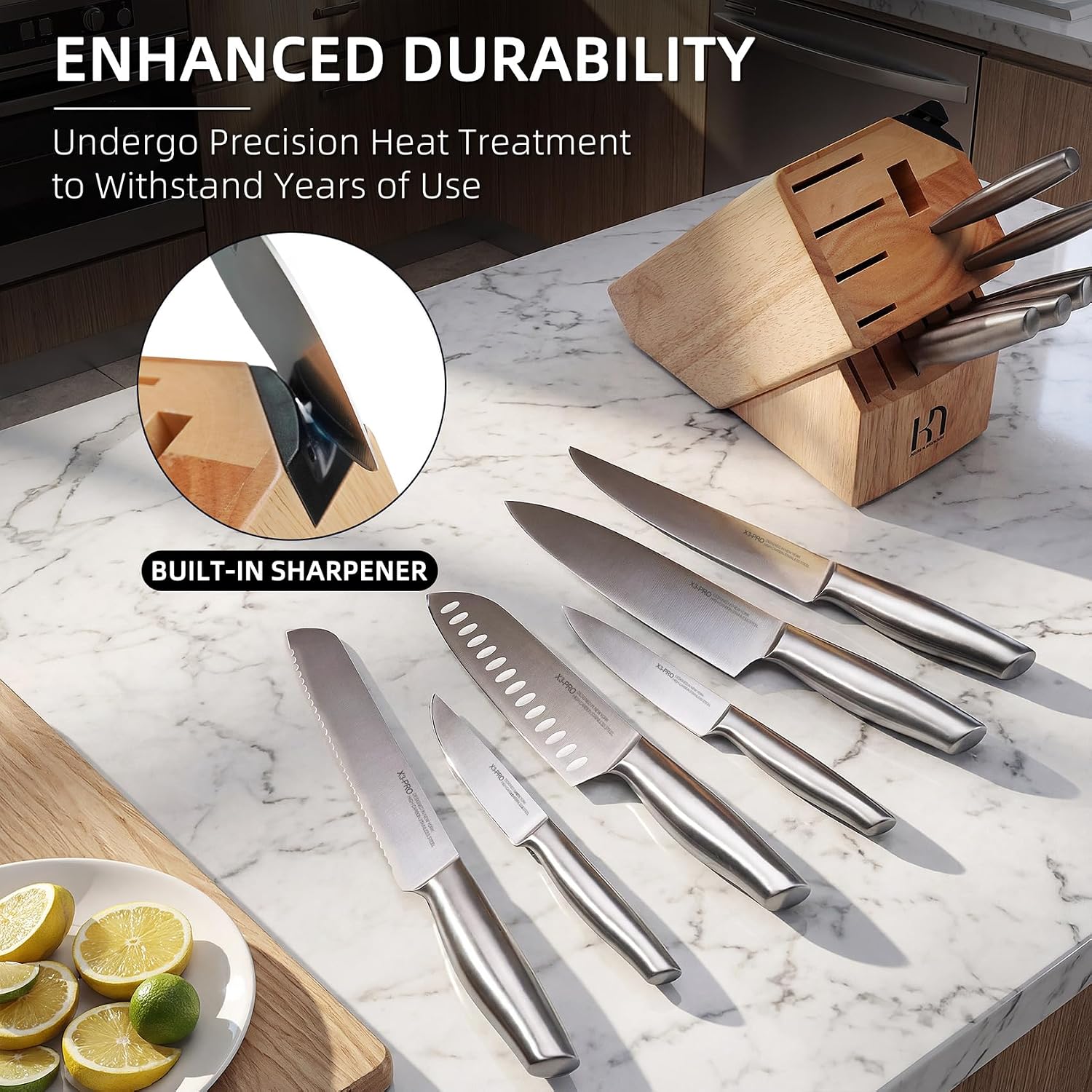 KnifeSaga Knife Set, Premium Knife Block Set for Kitchen 14 Pcs UltraSharp Japanese High Carbon Stainless Steel with Block and Built-in Sharpener, Kitchen Knives Set with Non-serrated Steak Knives