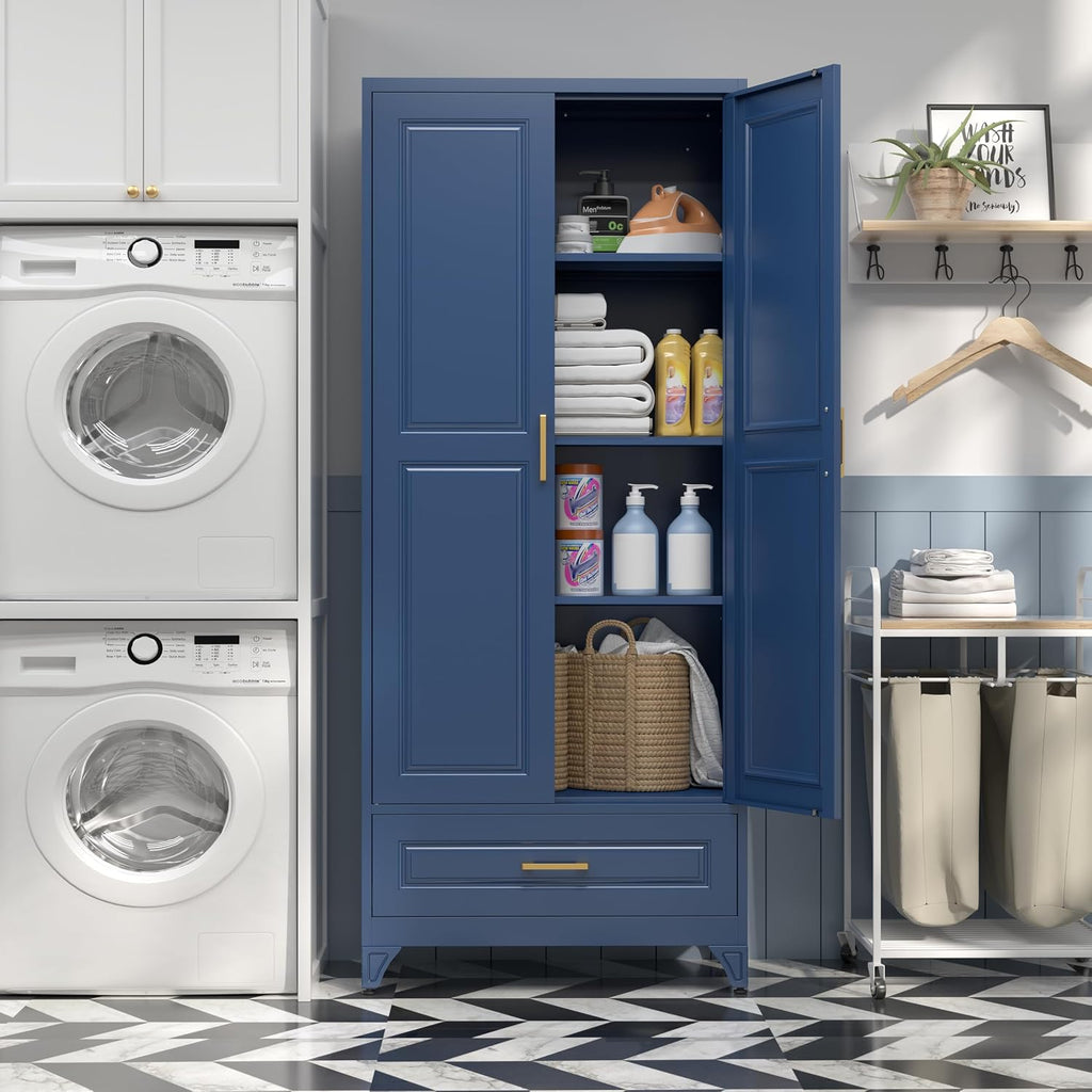 SteeLoong 75' Kitchen Pantry Cabinet with Drawer, Metal Storage Cabinets with Doors and 4 Adjustable Shelves,Blue Kitchen Cabinet with 2 Gold Handles,Food Cupboard for Livingroom,Pantry, Bathroom