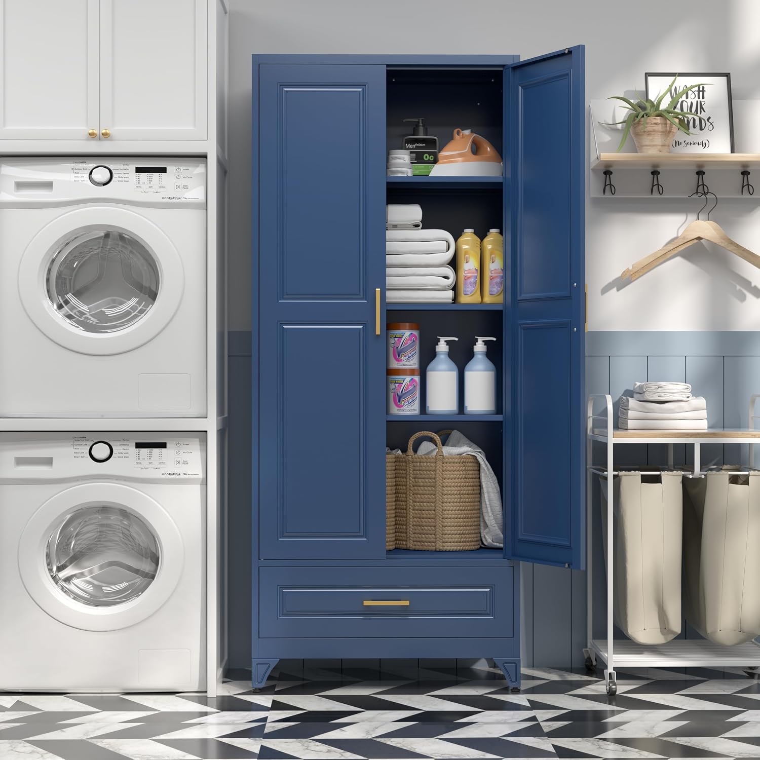 SteeLoong 75' Kitchen Pantry Cabinet with Drawer, Metal Storage Cabinets with Doors and 4 Adjustable Shelves,Blue Kitchen Cabinet with 2 Gold Handles,Food Cupboard for Livingroom,Pantry, Bathroom