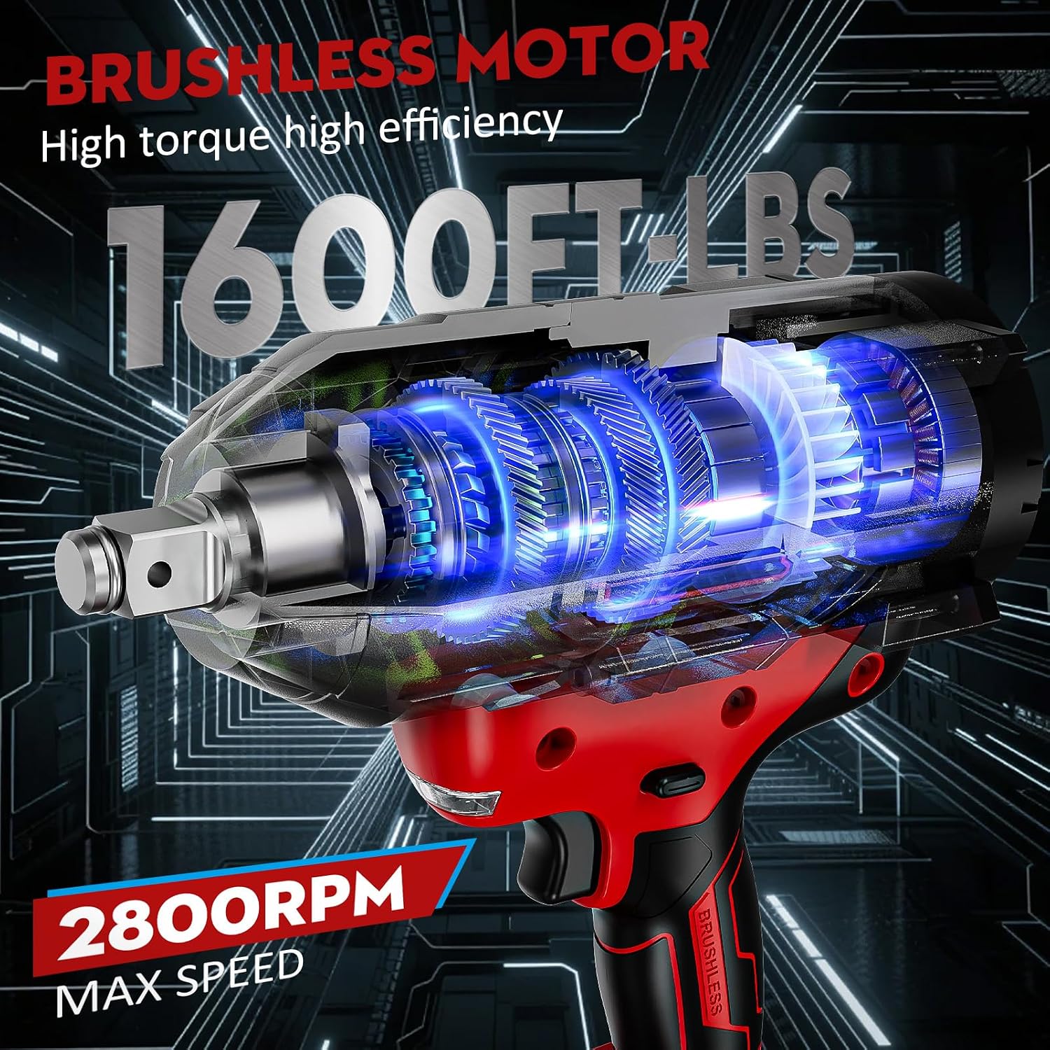 Cordless Impact Wrench 1600Ft-lbs - 2100N·m High Torque Impact Gun with 2 * 4.0Ah Battery - 3/4 Inch Brushless Impact Driver with 3/4' to 1/2' Adapter & 5 Sockets & Case for Car Truck Home
