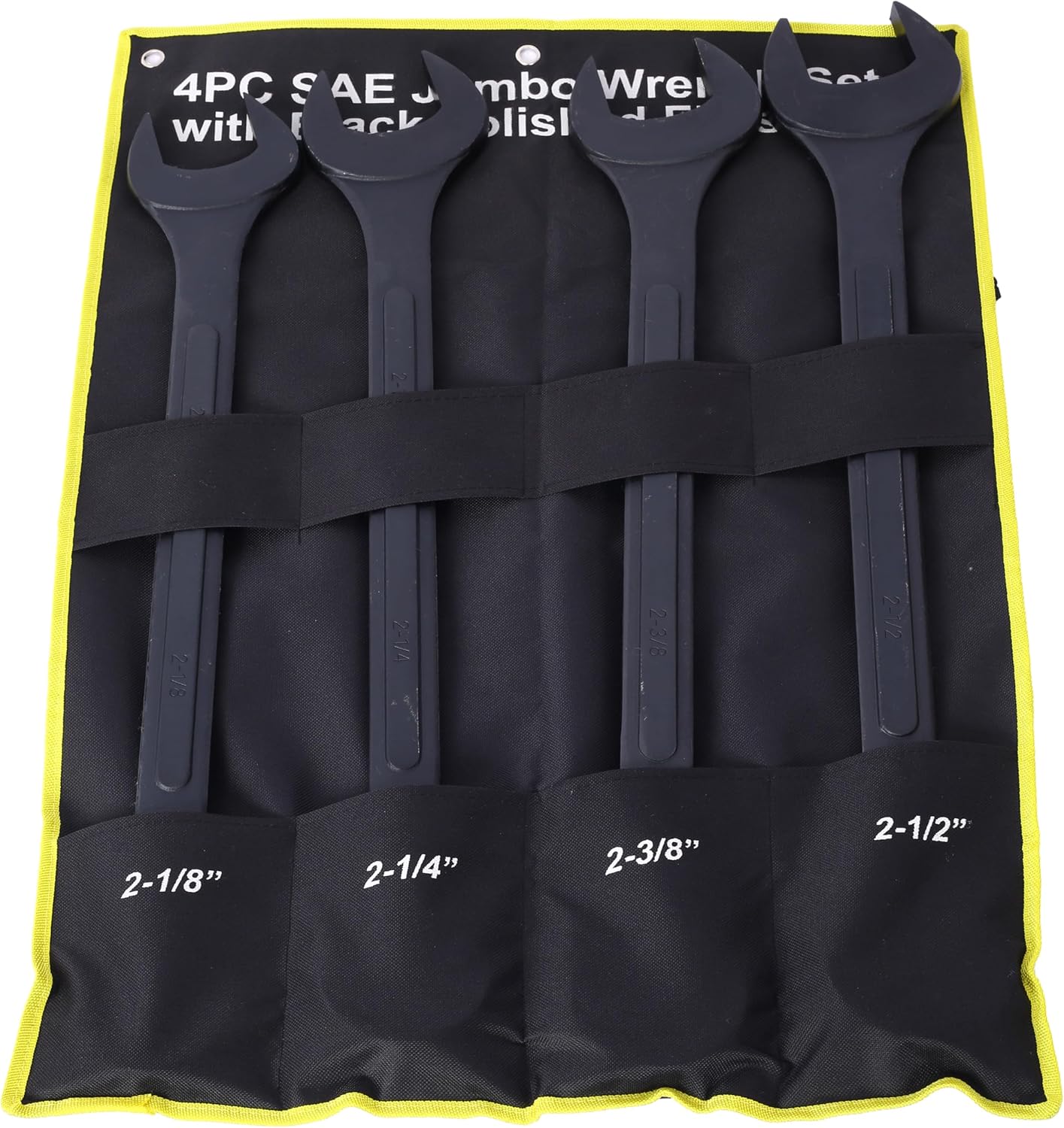 SAE Jumbo Combination Wrench Set, Extra Large 4-Piece, 2-1/8' to 2-1/2' Sizes, Black Oxide Finish, Carbon Steel, Includes Storage Bag