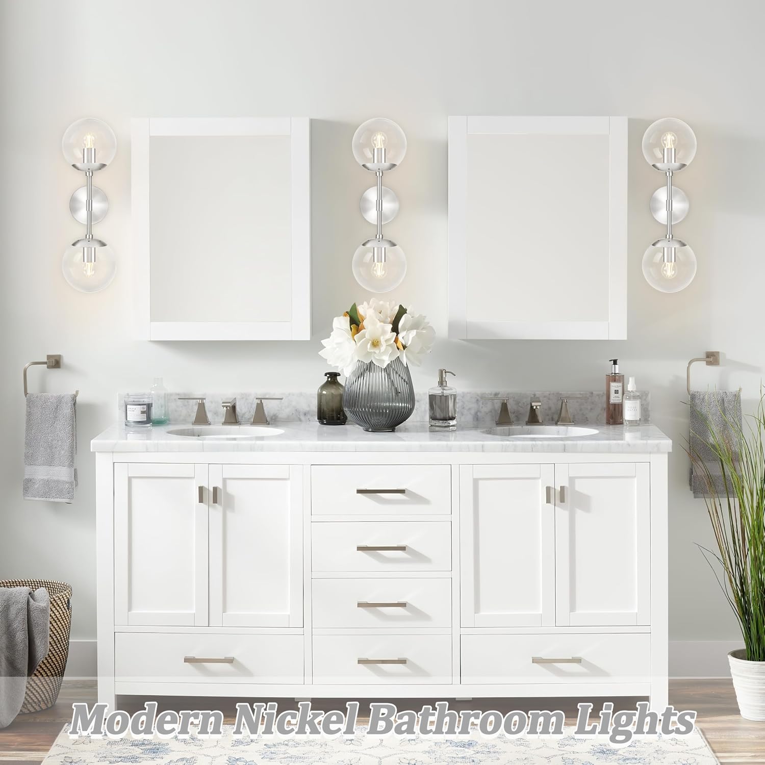 KoKo&Yukina Nickel 2 Pack Vanity Light Fixtures Mid Century Modern Bathroom Vanity Light Globe Sconce with Clear Glass for Bathroom Bedroom