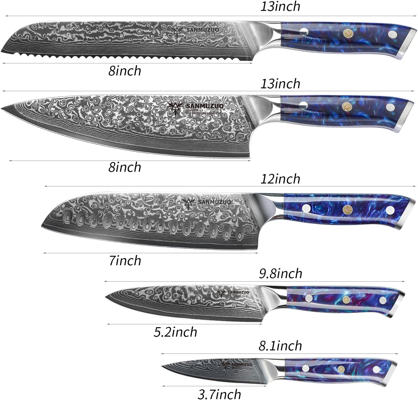 Chef Cooking Knives Set- Kitchen Knife Set of 5 Piece - Ultra-Sharp VG10 Damascus Steel & Resin Handle - Xuan Series (Sapphire Blue)