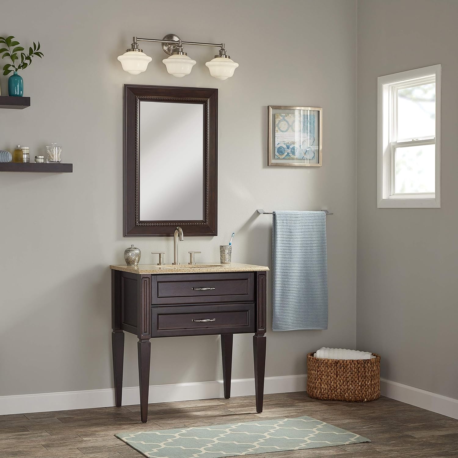 Linea di Liara Lavagna Farmhouse Brushed Nickel Bathroom Light Fixtures Over Mirror 3-Light Bathroom Vanity Light Fixture Milk Glass Shades Modern Vanity Lights, UL Listed