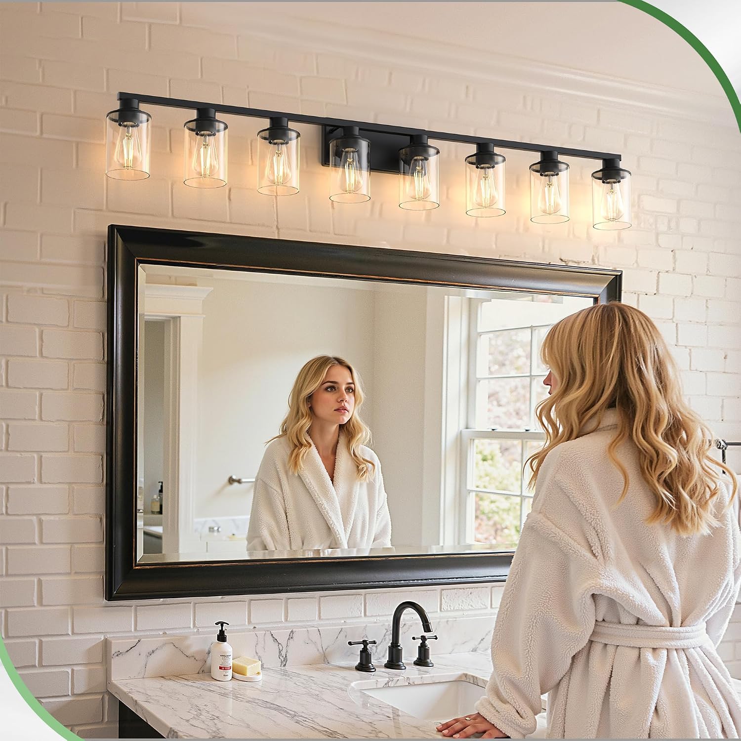 DORESshop 55 Inch Bathroom Light Fixtures, 8-Light Black Bathroom Lighting Fixtures Over Mirror with Glass Shade, Modern Vanity Lights for Hallway Bedroom
