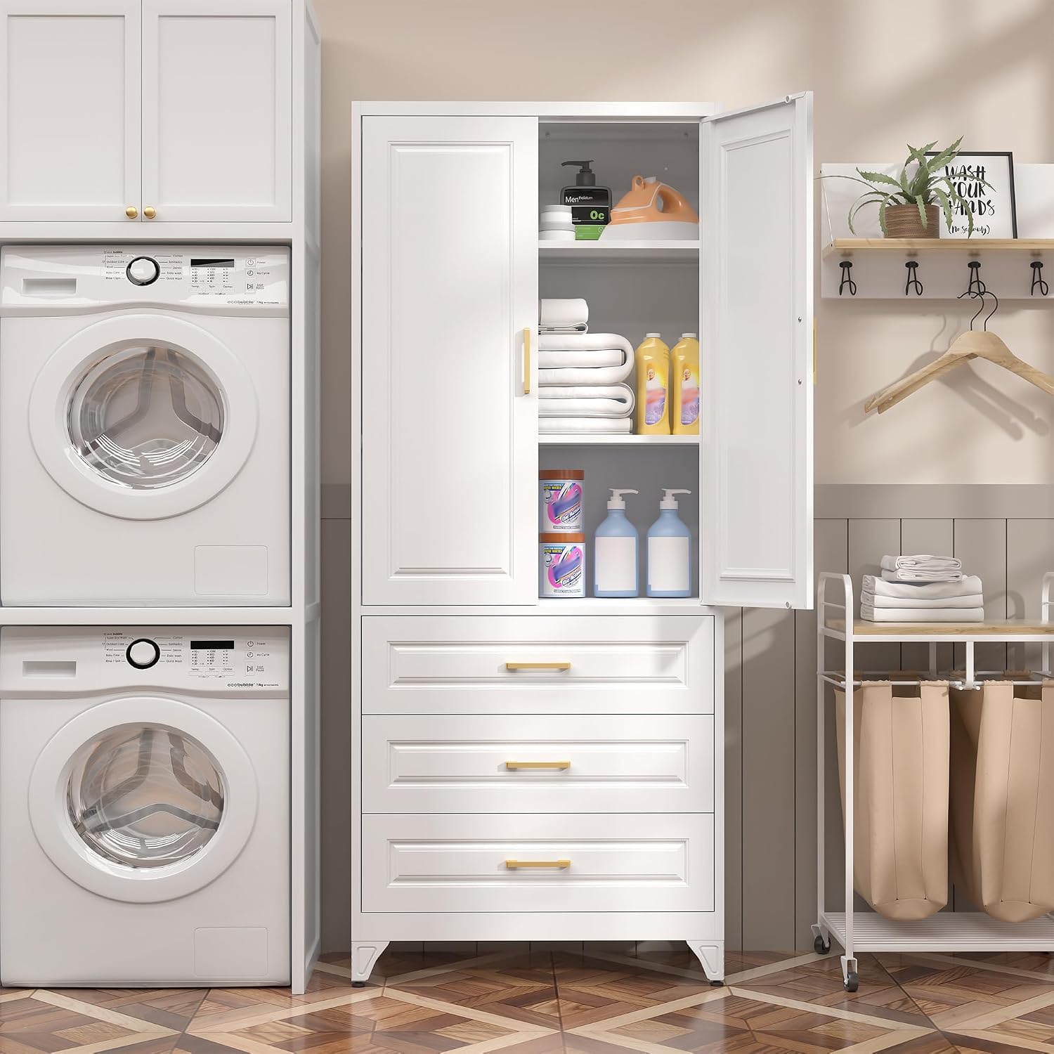 SteeLoong 75' Kitchen Pantry Cabinet with 3 Drawer,Metal Storage Cabinets with Doors and 4 Adjustable Shelves,White Kitchen Cabinet with 2 Gold Handles,Food Cupboard for Livingroom,Pantry, Bathroom