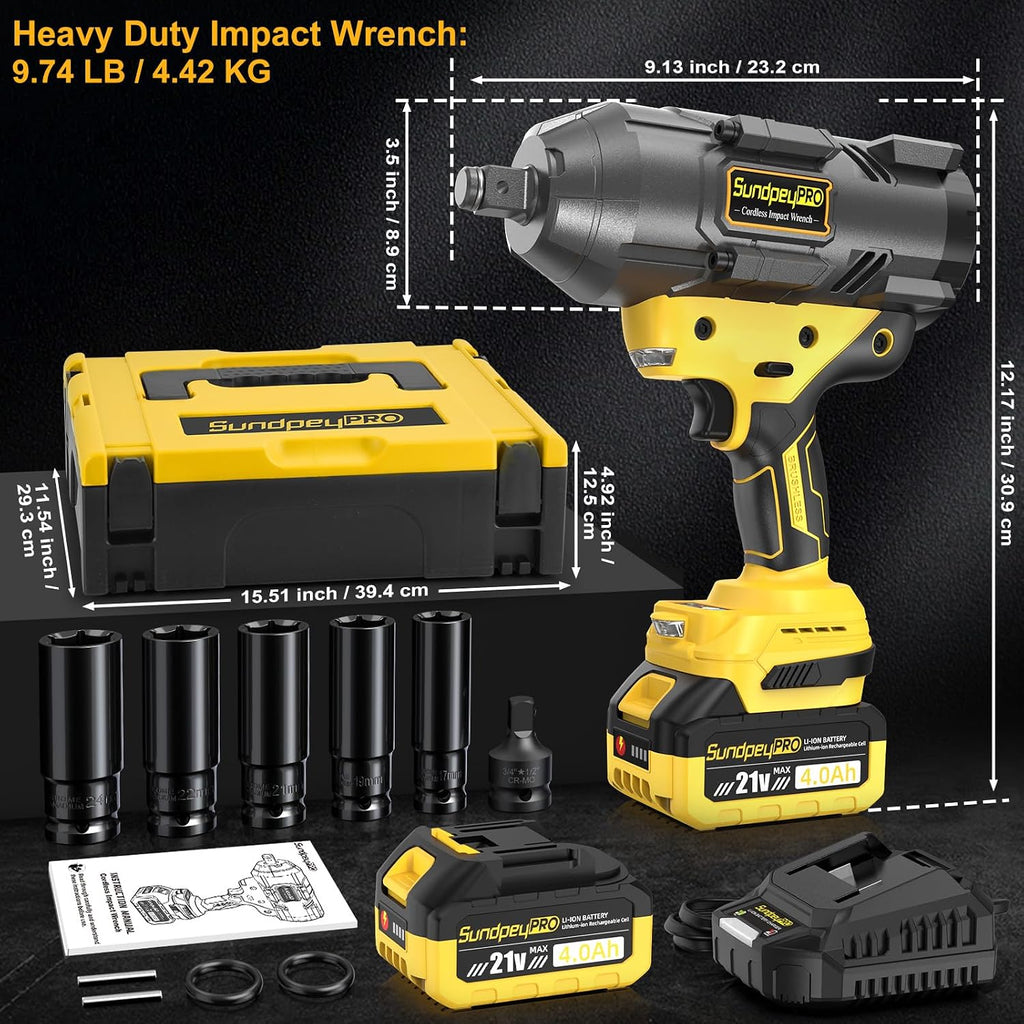 21V Cordless Impact Wrench - 1600Ft-lbs(2100N·m) Heavy Duty High Torque Brushless 3/4 Impact Gun with 2 x 4.0Ah Batteries & Fast Charger 3/4' to 1/2' Adapter & 5 Sockets for Car Industrial