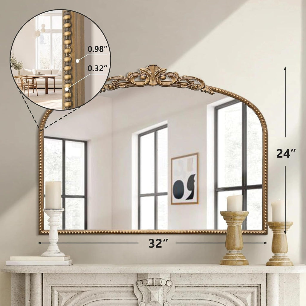Micasso Vintage Wall Gold Mirror: 32'x24' French Baroque Antique Mirror - Traditional Ornate Decorative Arched for Wall/Bathroom/Entryway/Fireplace/Hallway - Home Decor for Living Room