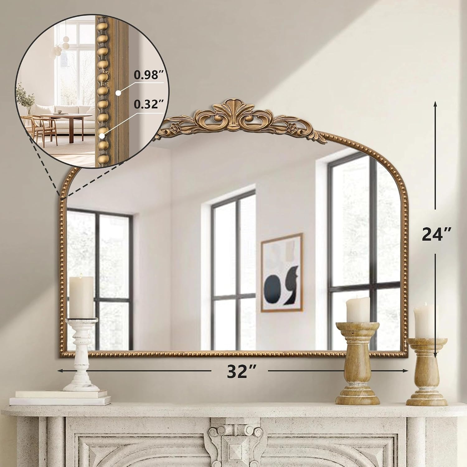 Micasso Vintage Wall Gold Mirror: 32'x24' French Baroque Antique Mirror - Traditional Ornate Decorative Arched for Wall/Bathroom/Entryway/Fireplace/Hallway - Home Decor for Living Room