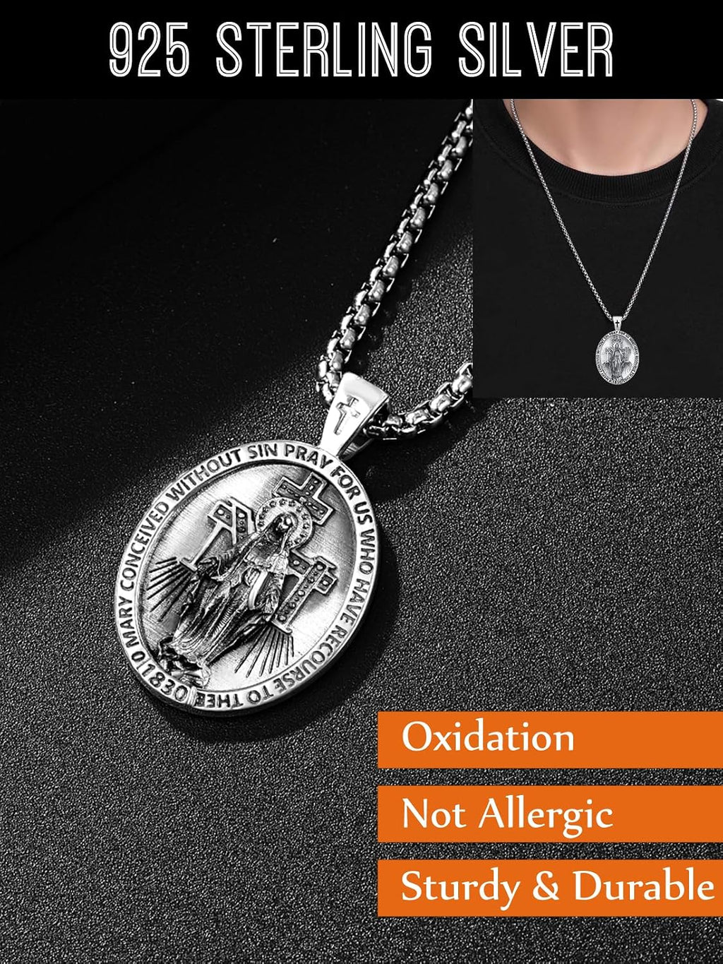 Patron Saint Medals 925 Sterling Silver Amulet Necklace Protection Jewelry for Men with 2.5mm 22'+2' Round Box Chain