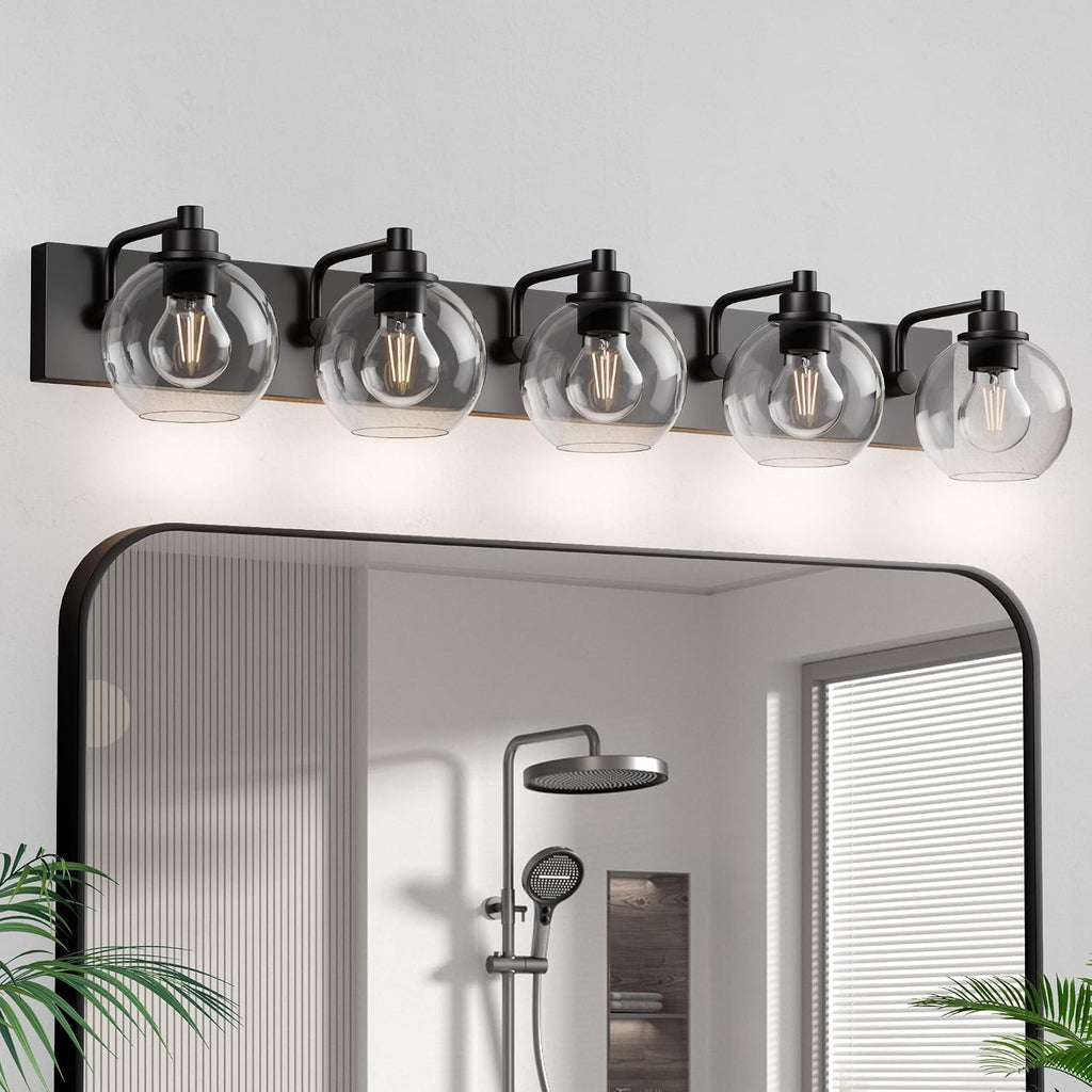 5 Light Bathroom Light Fixtures-Matte Black Bathroom Vanity Lights, Modern Vanity Lights 5-Light Bathroom Lighting Fixtures Over Mirror with Clear Glass Globe Shade