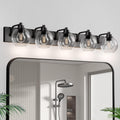 5 Light Bathroom Light Fixtures-Matte Black Bathroom Vanity Lights, Modern Vanity Lights 5-Light Bathroom Lighting Fixtures Over Mirror with Clear Glass Globe Shade