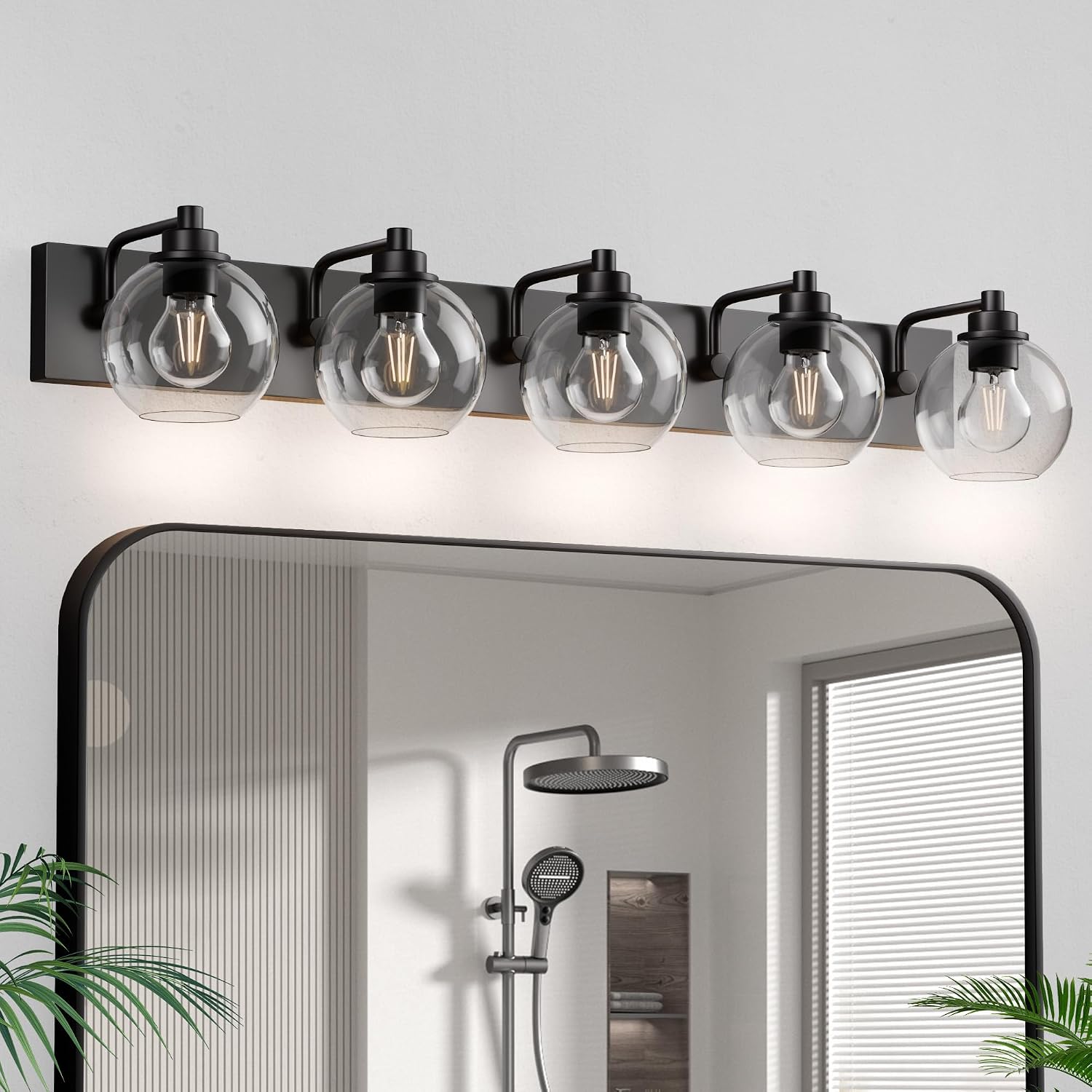 5 Light Bathroom Light Fixtures-Matte Black Bathroom Vanity Lights, Modern Vanity Lights 5-Light Bathroom Lighting Fixtures Over Mirror with Clear Glass Globe Shade