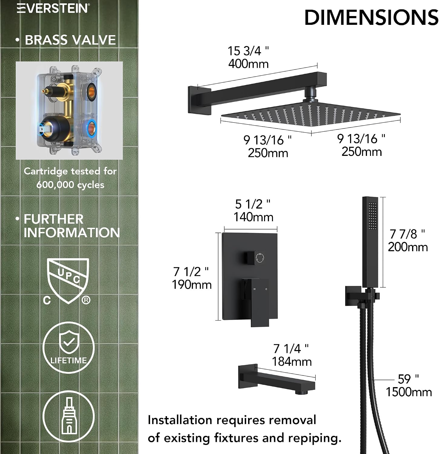 Shower Tub Faucet Set, 10' Bathroom Rainfall Shower Head Fixtures Combo with Handheld Spray and Tub Spout, Matte Black (Valve Included)