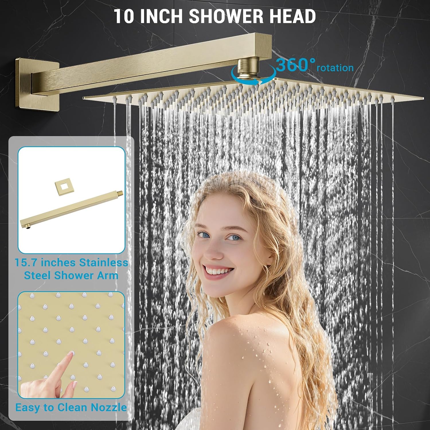 10' Square Rain Shower Faucet Set, Wall Mount, Brush Gold | 304 SS , air tech boosts pressure 50%, dual spray, anti-fingerprint