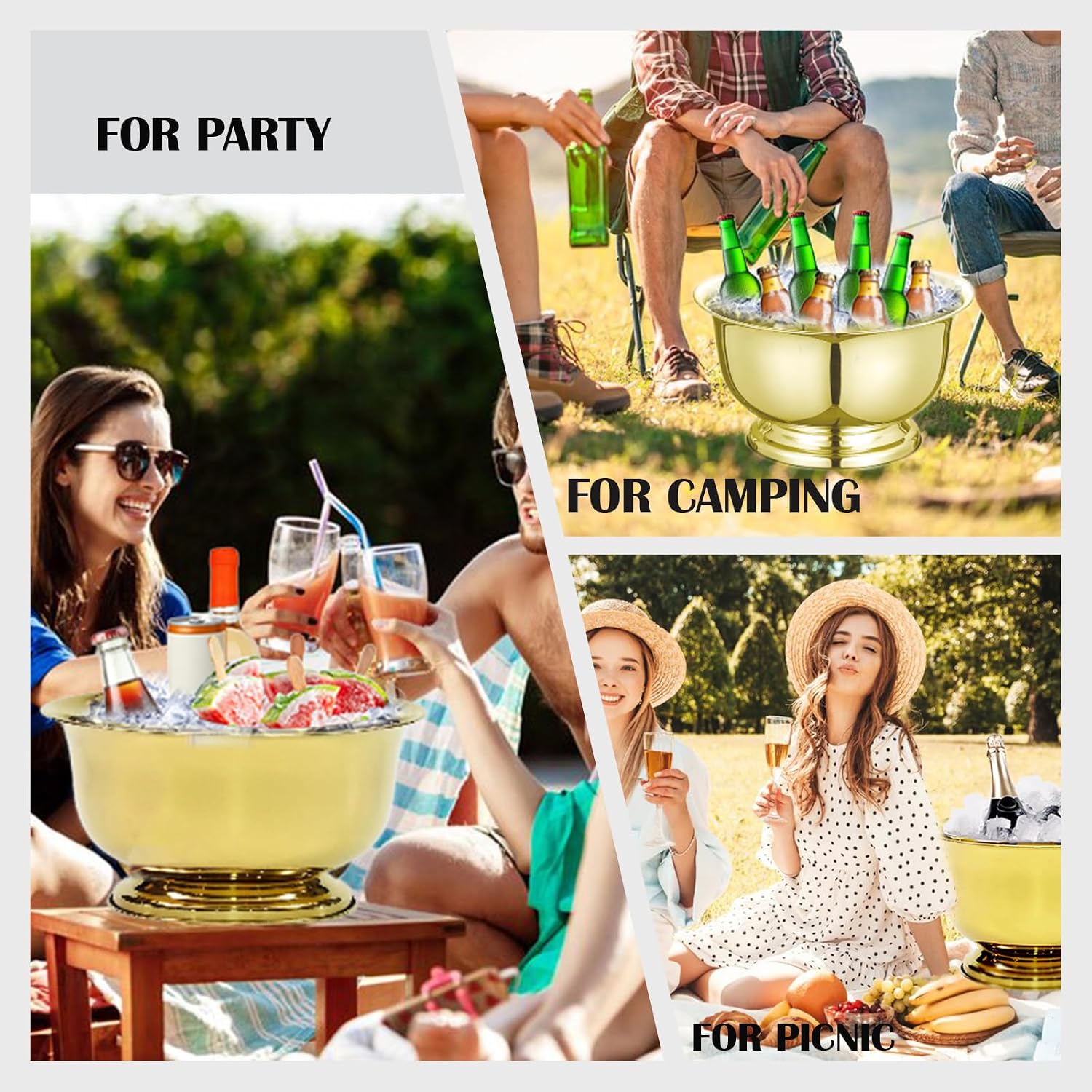 Gold Ice Bucket for Parties Stainless Steel 12Quarts Beverage Tub with 6OZ Ice Scoop, Large Capacity Champagne Bucket Drink Tub Insulated Punch Bowl Drink Chiller