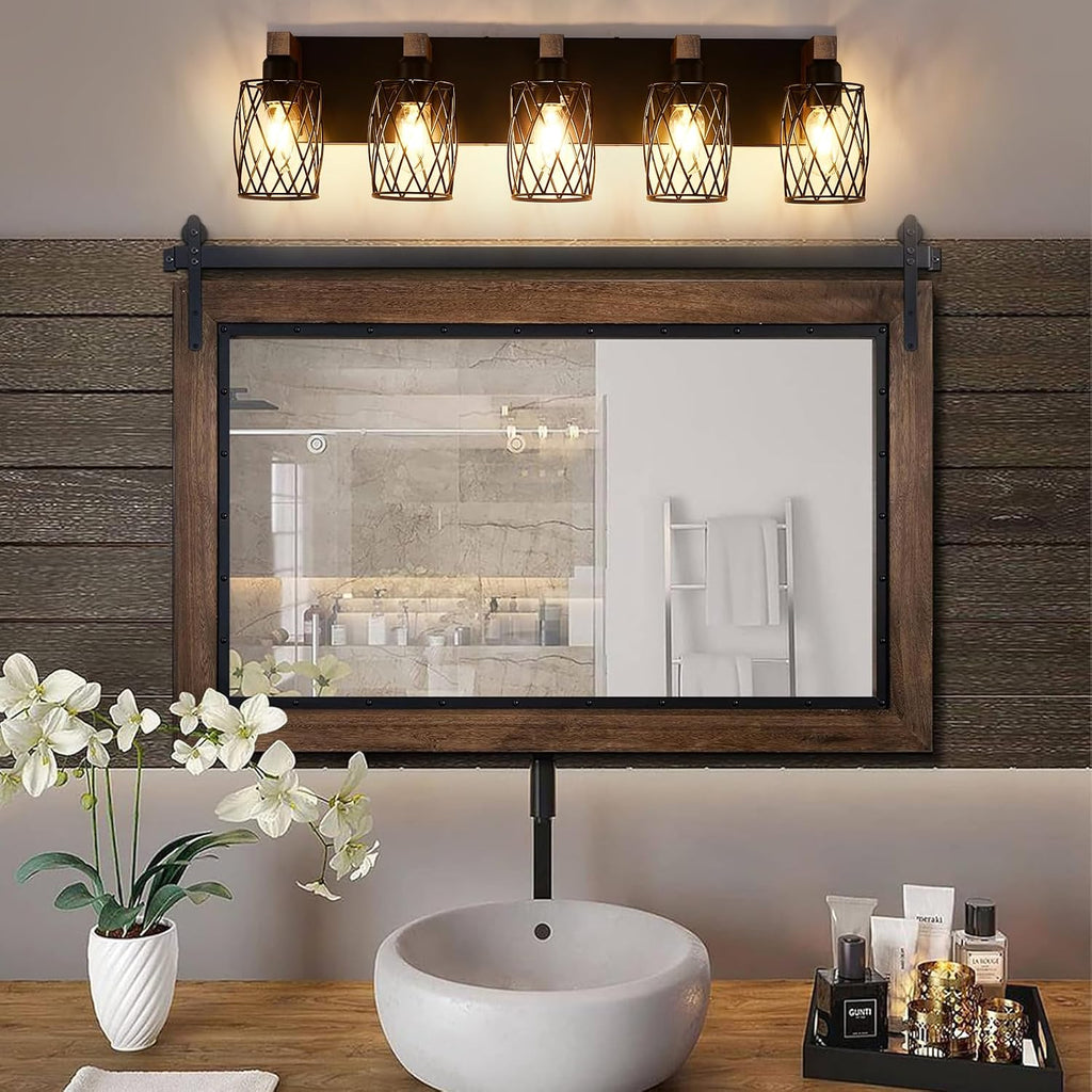 5-Light Farmhouse Bathroom Vanity Light, Wood Bathroom Lighting Fixtures Over Mirror, Black Vanity Light Fixtures with Cage Metal Shade, Rustic Bathroom Light with E26 Base