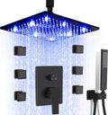 SKOWLL Matte Black Shower Faucet Set, High Pressure Ceiling 12 Inch LED Shower Head with Handheld Bathroom Full Body Shower System Include 6 Body Spray Jet