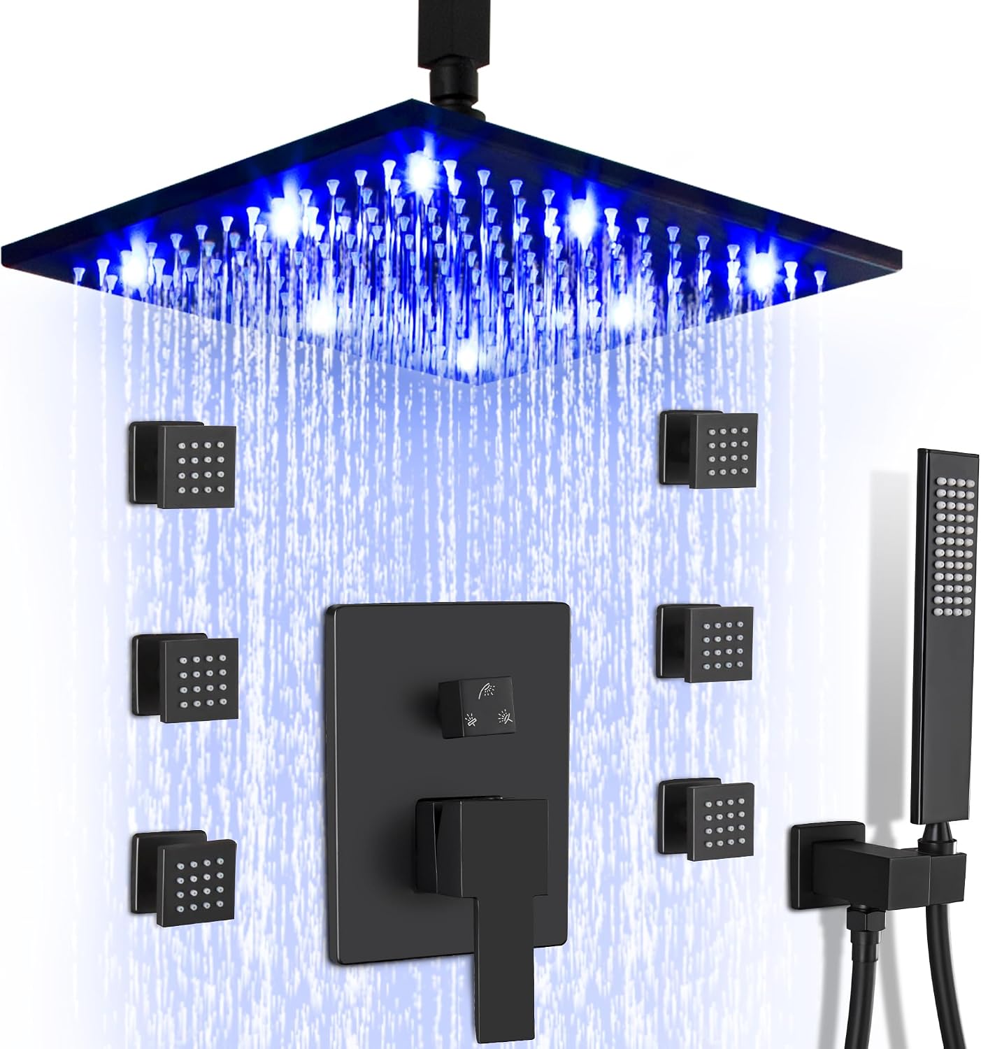 SKOWLL Matte Black Shower Faucet Set, High Pressure Ceiling 12 Inch LED Shower Head with Handheld Bathroom Full Body Shower System Include 6 Body Spray Jet