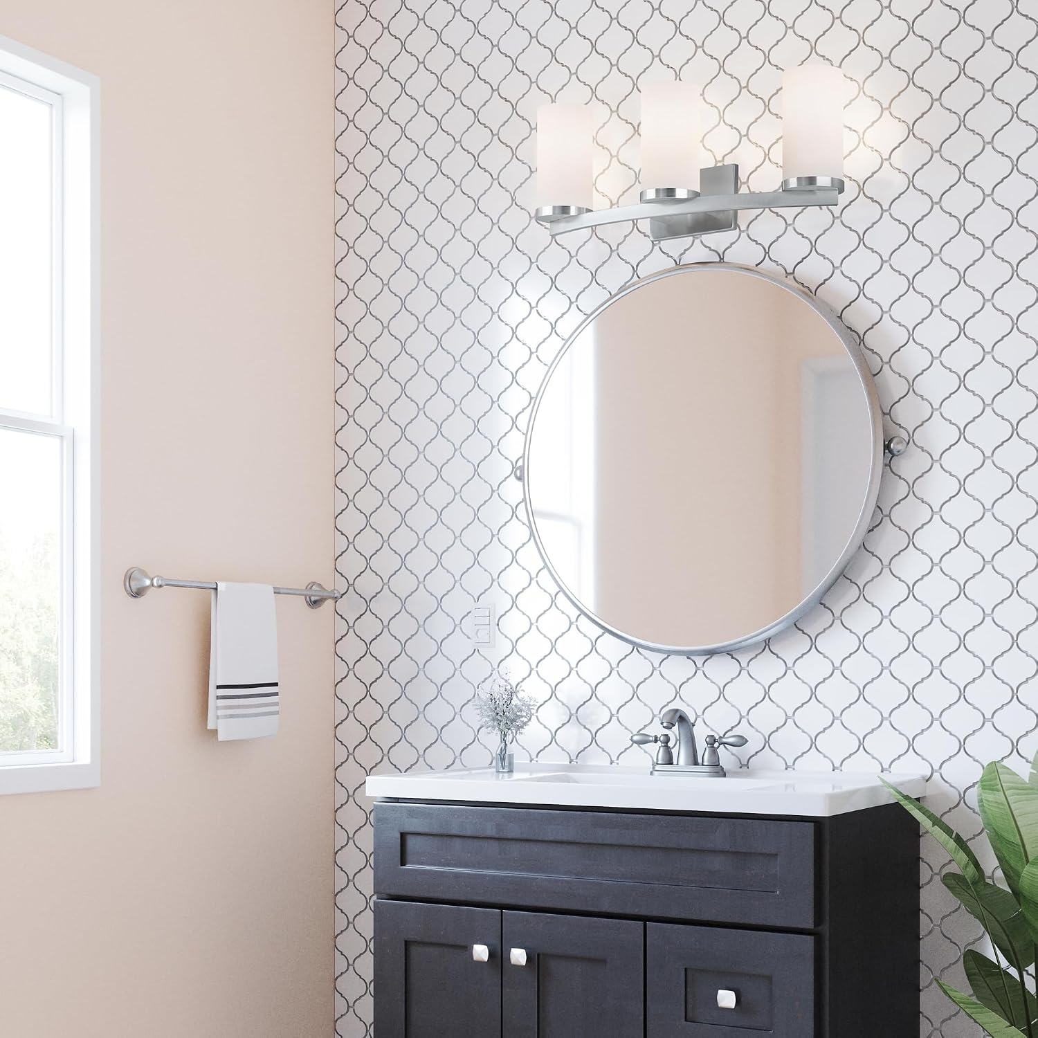 Design House Desta Vanity Light, 3-Light, Curved Bar Design, Frosted Glass Glow, Dimmable, Up/Down Mountable, E26 Socket, Satin Nickel, 22.4 in L x 6.9 in W x 9.5 in H, 589150-SN