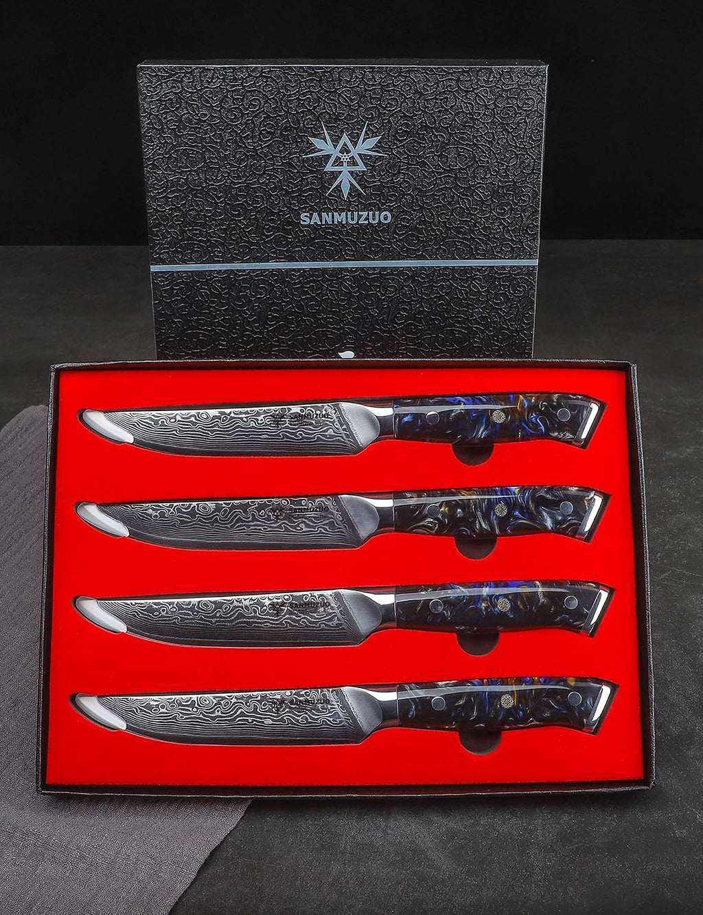 Steak Knives Set of 4, Ultra Sharp Non Serrated Kitchen Steak Knife 5 Inch - Damascus Steel & Resin Handle - Xuan Series (Starry Black)