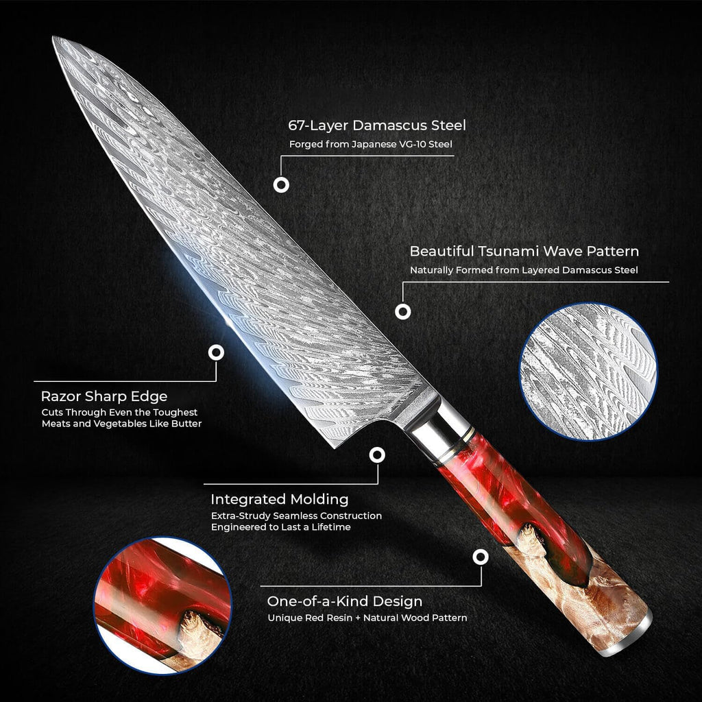 SENKEN 7-Piece Damascus Kitchen Knife Set - Tsunami Collection - 67-Layer Japanese VG10 Steel - Chef's Knife, Cleaver, Santoku, Bread, Boning, & More (Red Resin Blend)