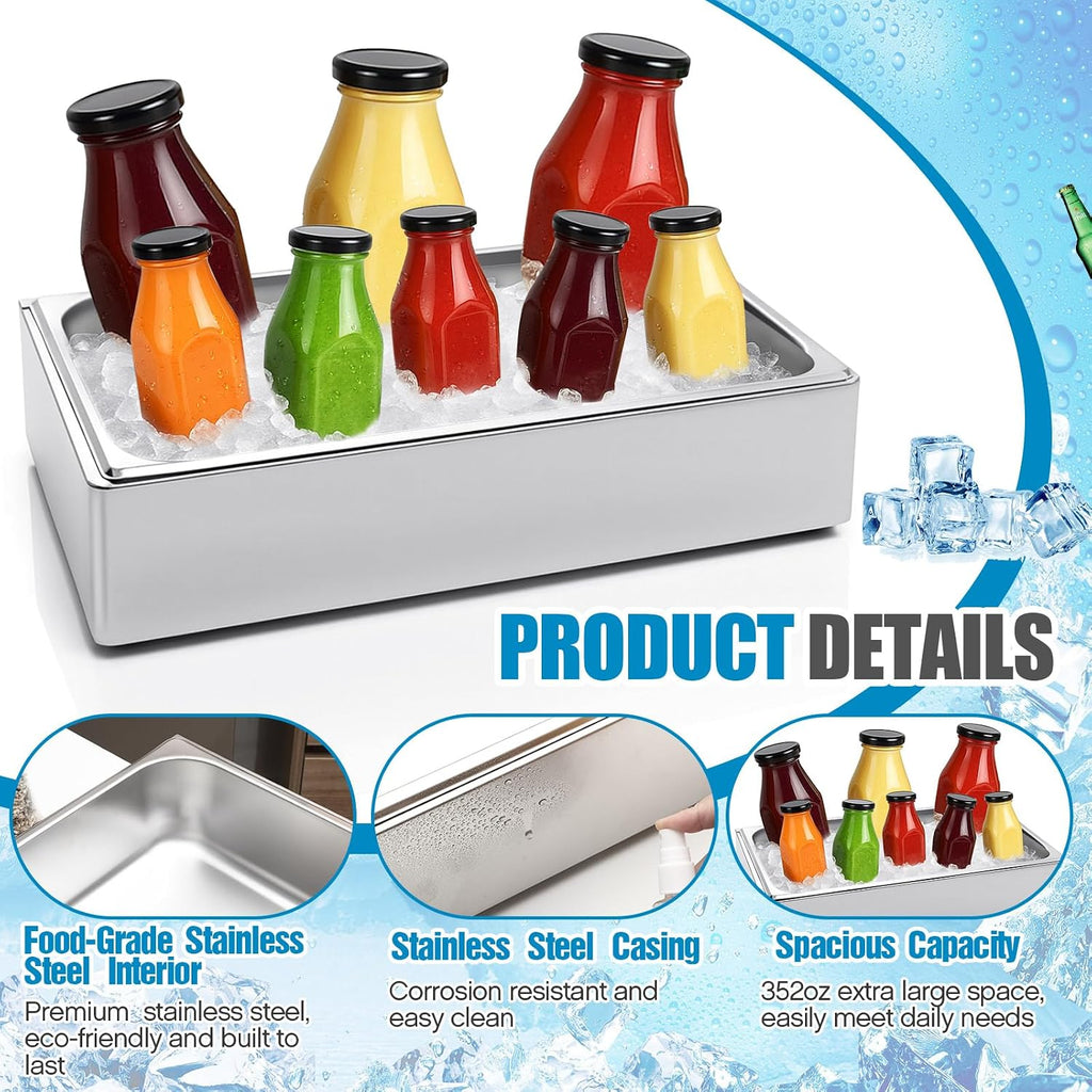 Honeydak Large Ice Housing Bin with Removable Tray Ice Holder Container Wine Beer Champagne Drink Bucket Beverage Tub for Freezer Display Buffet Counter Party Chiller(Stainless Steel,21' X 13' X 5.5')