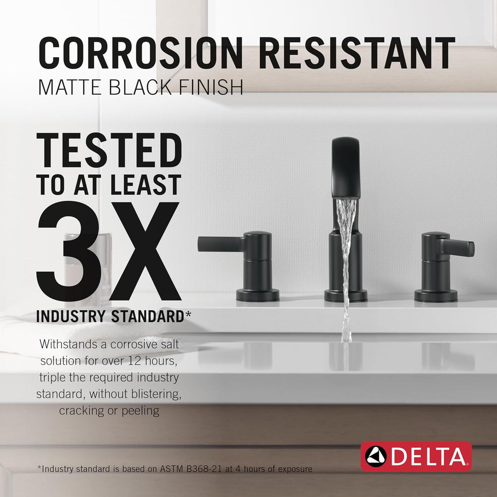 Delta Albion Matte Black Bathroom Faucet 3 Hole, 8 Inch Widespread Bathroom Sink Faucet for Vanity, Metal Push-Pop Drain Assembly, Matte Black 35855LF-BL