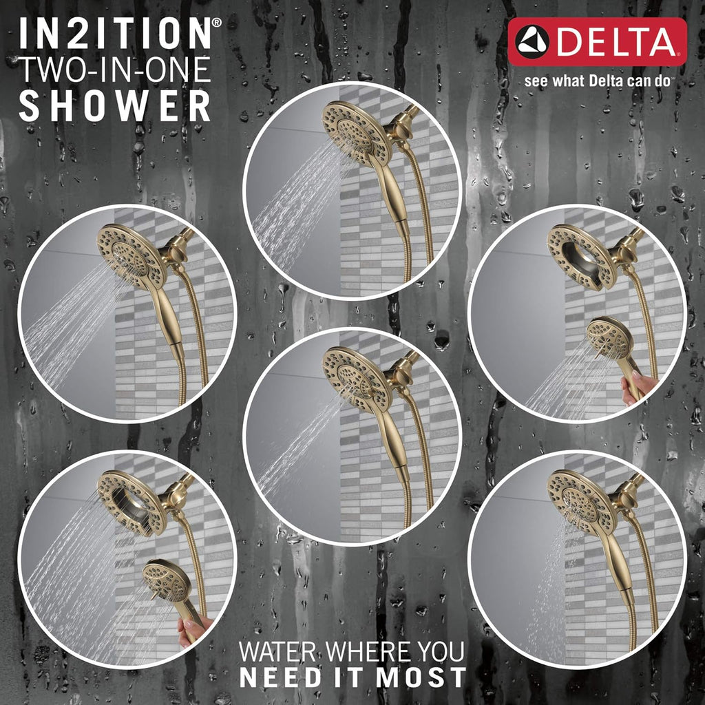 Delta Arvo 14 Series Brushed Gold Shower Faucet Set with In2ition 2-in-1 Dual Shower Head with HandHeld Spray Combo, Valve Trim Kit, Champagne Bronze 142840-CZ-I (Valve Included)