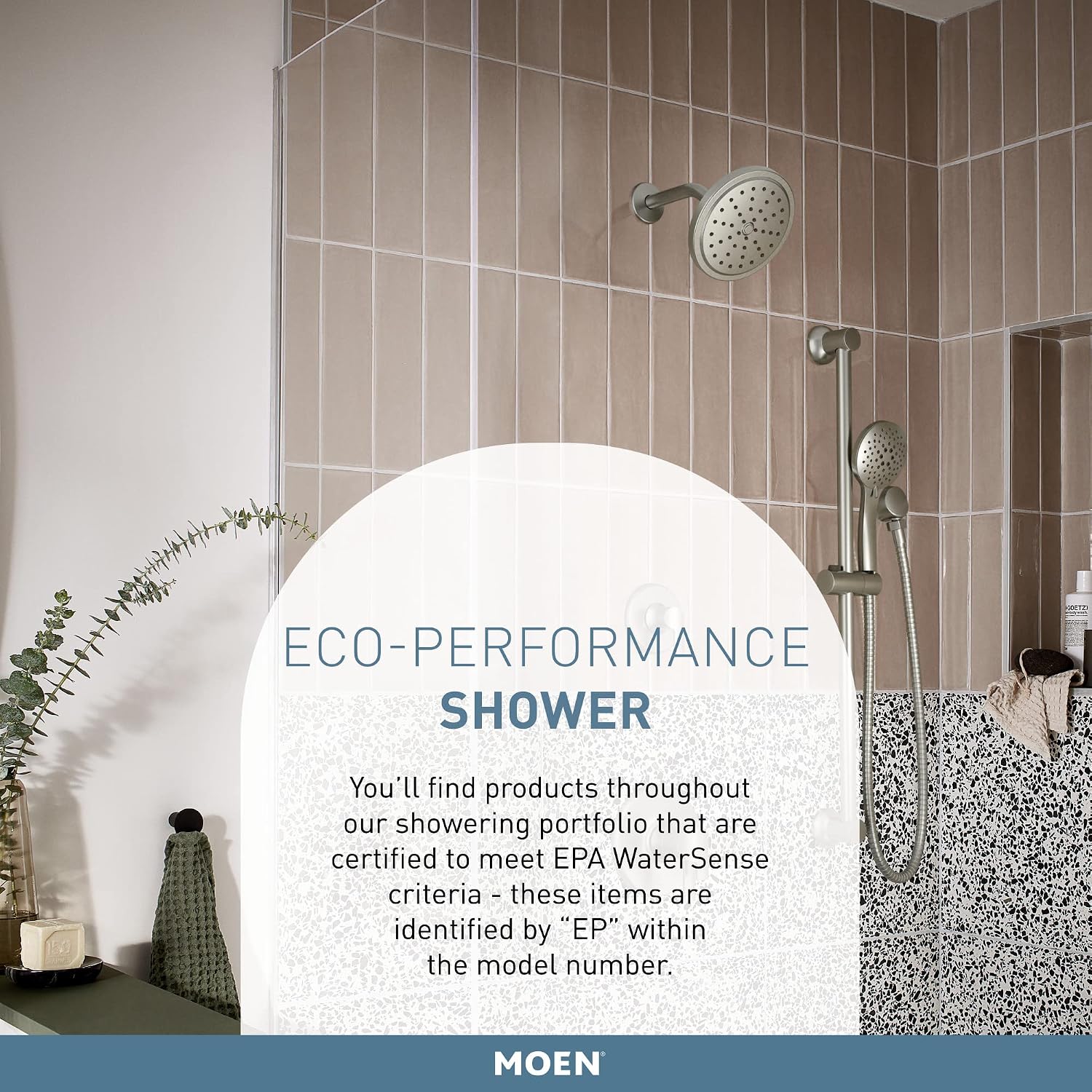 Moen Brushed Nickel Eco-Performance 5-Function Handheld Removable Shower Head, Adjustable 30-Inch Slide Bar and 69-Inch Long Hose, 3558EPBN