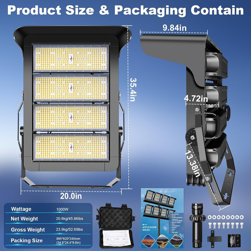 0-150000LM Led Stadium Lights Outdoor Dimmable 0-1000w Super Bright Led Arena Flood Light 100-277v 5000k Yoke Mount IP66 Waterproof Pole Light Commercial for Square, Golf Court, Port
