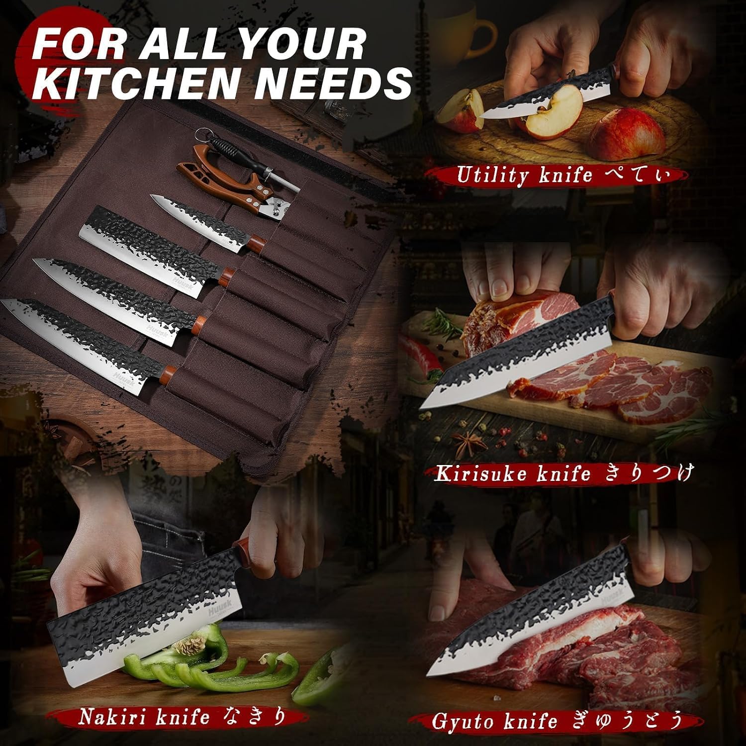 Huusk Japanese Knife Set 6pcs with Covers - Professional Chef Knife Set with Bag & Sharpener, High Carbon Steel Forged Knives Sets with Scissors, Japanese Kitchen Knives Sets, Fathers Day Gift
