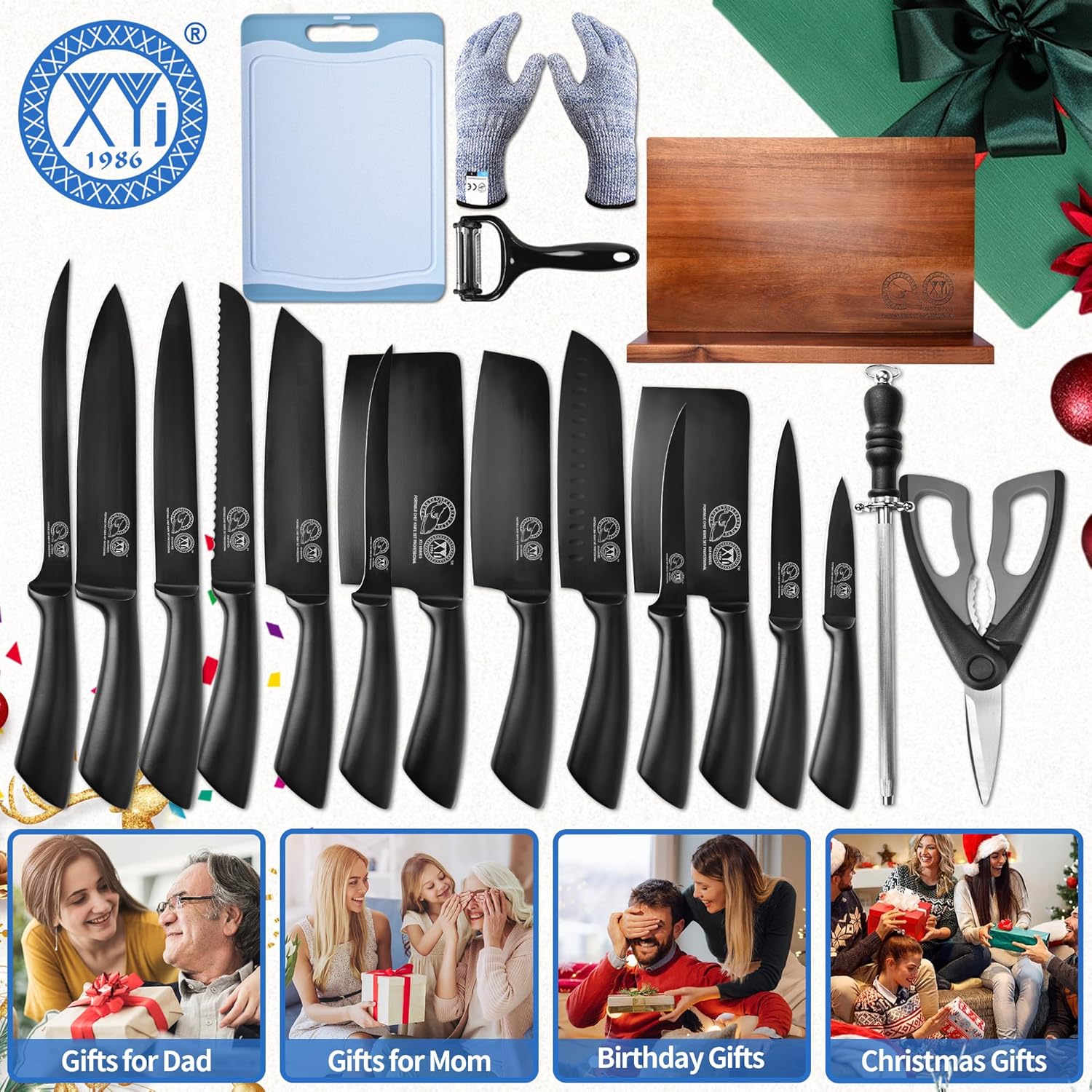 XYJ Professional Knife Sets for Master Chefs,Meat Cleaver Butcher for Camping,Chef Knife Set with Magnetic Knife Block,Stainless Steel Kitchen Knives Tools Kit