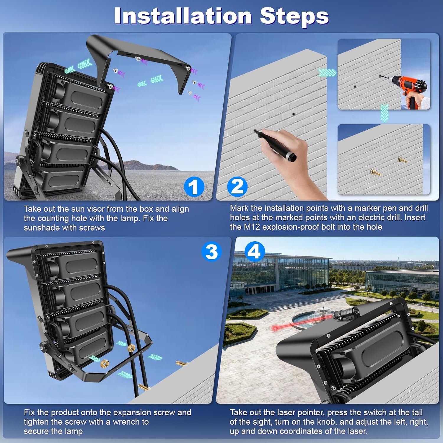 0-150000LM Led Stadium Lights Outdoor Dimmable 0-1000w Super Bright Led Arena Flood Light 100-277v 5000k Yoke Mount IP66 Waterproof Pole Light Commercial for Square, Golf Court, Port