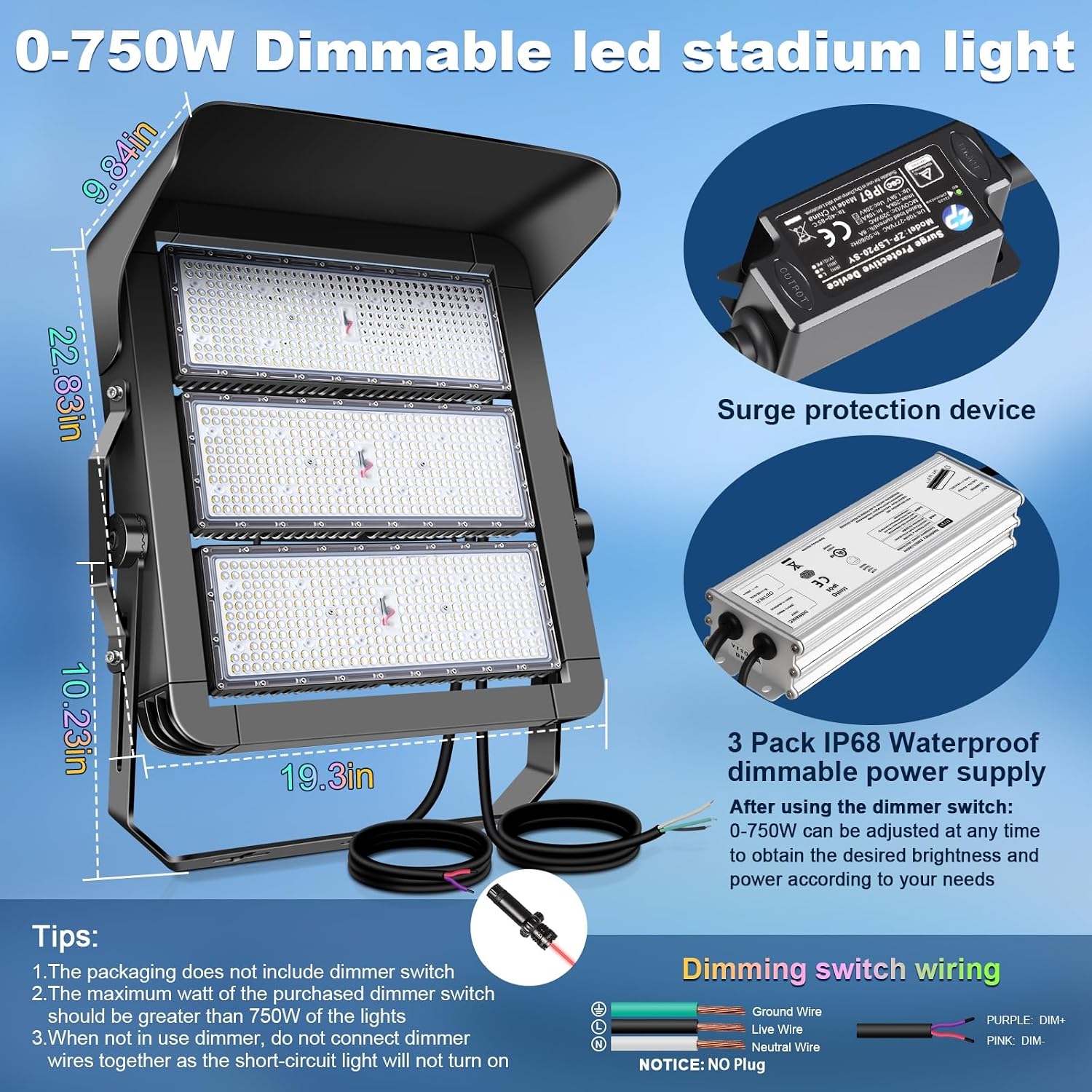 112500LM Led Stadium Light Dimmable 0-750w Super Bright Led Arena Flood Lights Outdoor 100-277v 5000k Yoke U Mount IP66 Waterproof Outside Wall Light Commercial for Square, Golf Court, Port