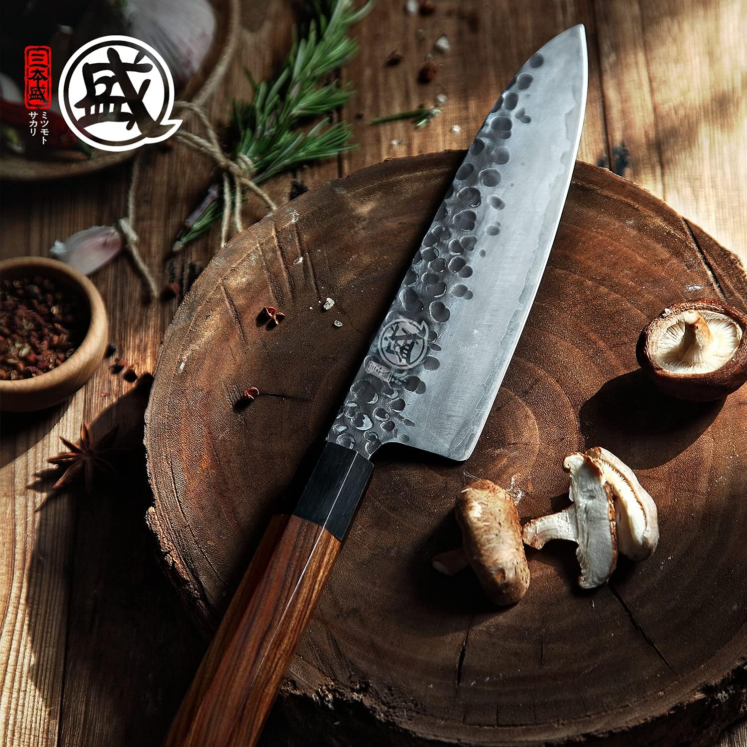 MITSUMOTO SAKARI 4-Piece Japanese Chef Knife Set, 9Cr18MoV Steel | Gyuto, Santoku, Nakiri and paring knives, 3-layer 9Cr18MoV steel, rosewood handles, sandalwood box