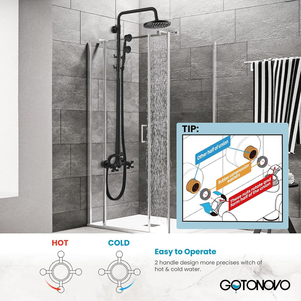 gotonovo Exposed Bathroom Shower Faucet Set Shower Fixture 8 Inch Rainfall Shower Head Handheld Shower Cross Handle Wall Mount 2 Functions Matte Black