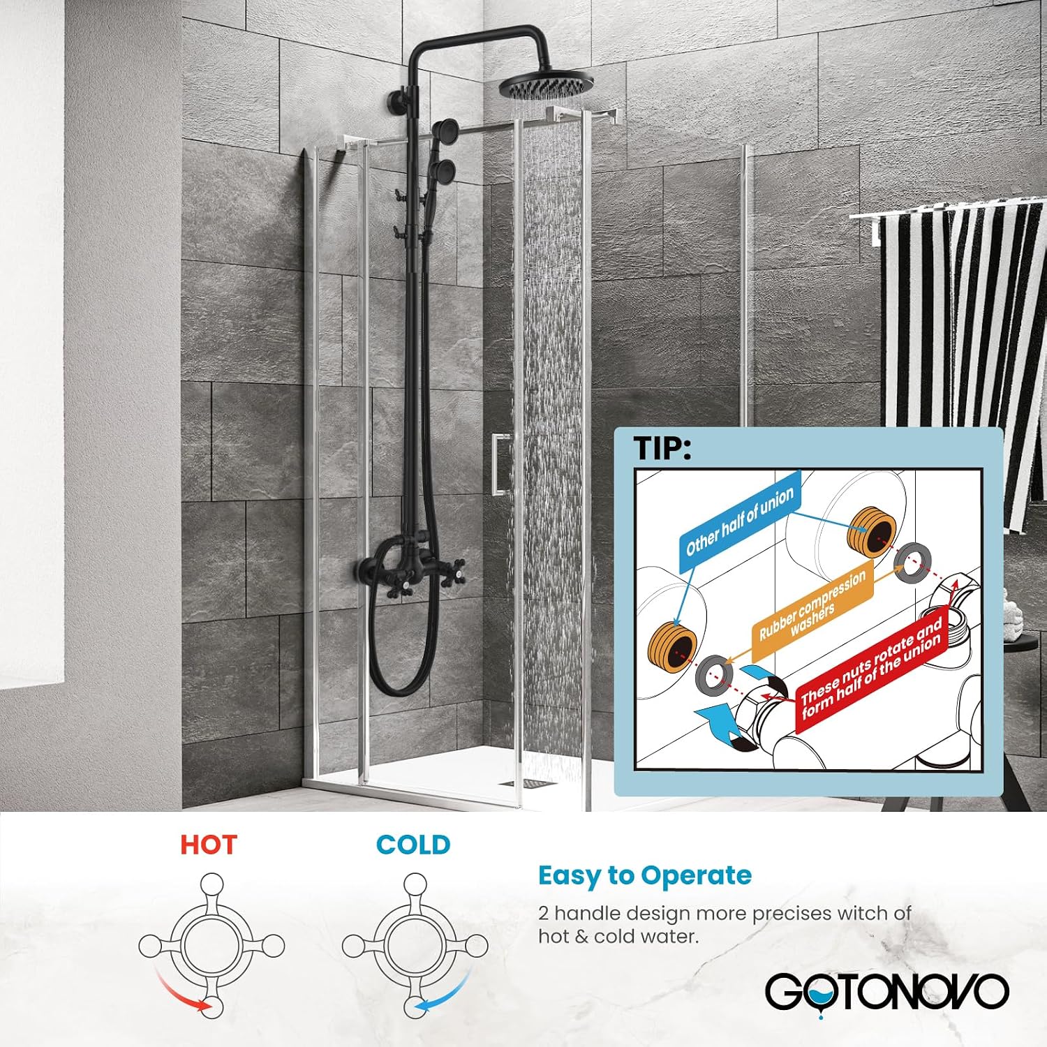 gotonovo Exposed Bathroom Shower Faucet Set Shower Fixture 8 Inch Rainfall Shower Head Handheld Shower Cross Handle Wall Mount 2 Functions Matte Black