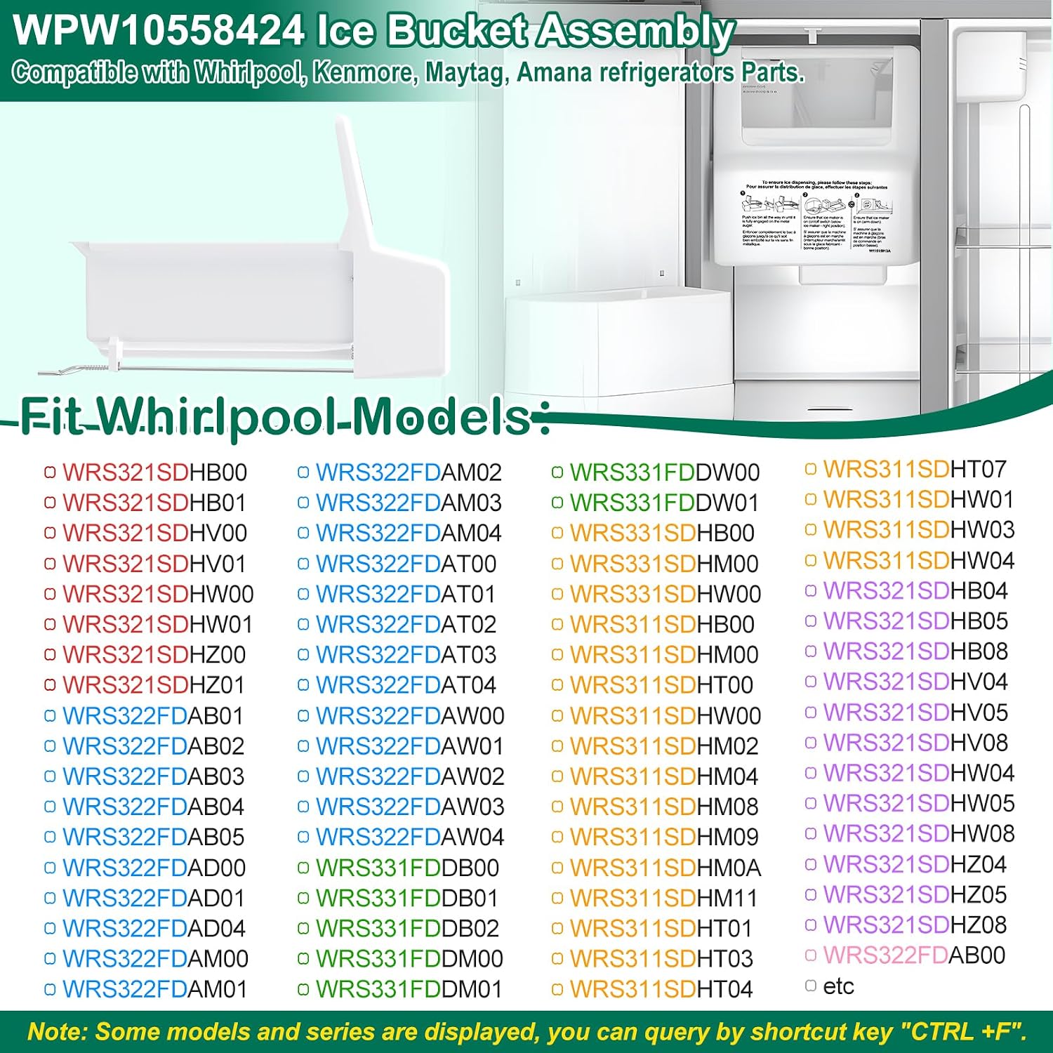 Upgraded WPW10558424 W10558424 Refrigerator Ice Bucket Replacement Compatible with Whirlpool Ice Maker Ice Tray WRS321SDHZ08, WRS321SDHZ05, WRS321SDHZ01, WRS322FDAM04 Parts for Whirlpool Ice Bin Tray
