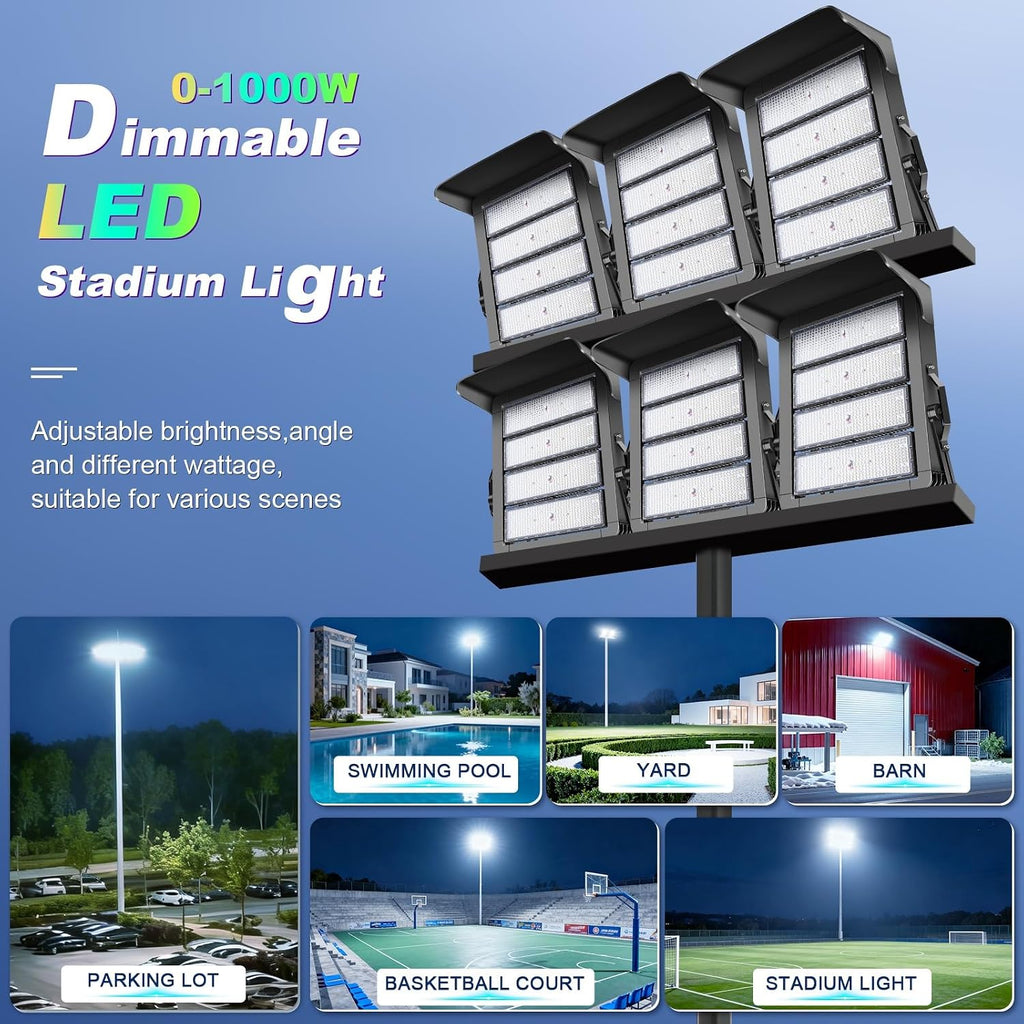 0-150000LM Led Stadium Lights Outdoor Dimmable 0-1000w Super Bright Led Arena Flood Light 100-277v 5000k Yoke Mount IP66 Waterproof Pole Light Commercial for Square, Golf Court, Port