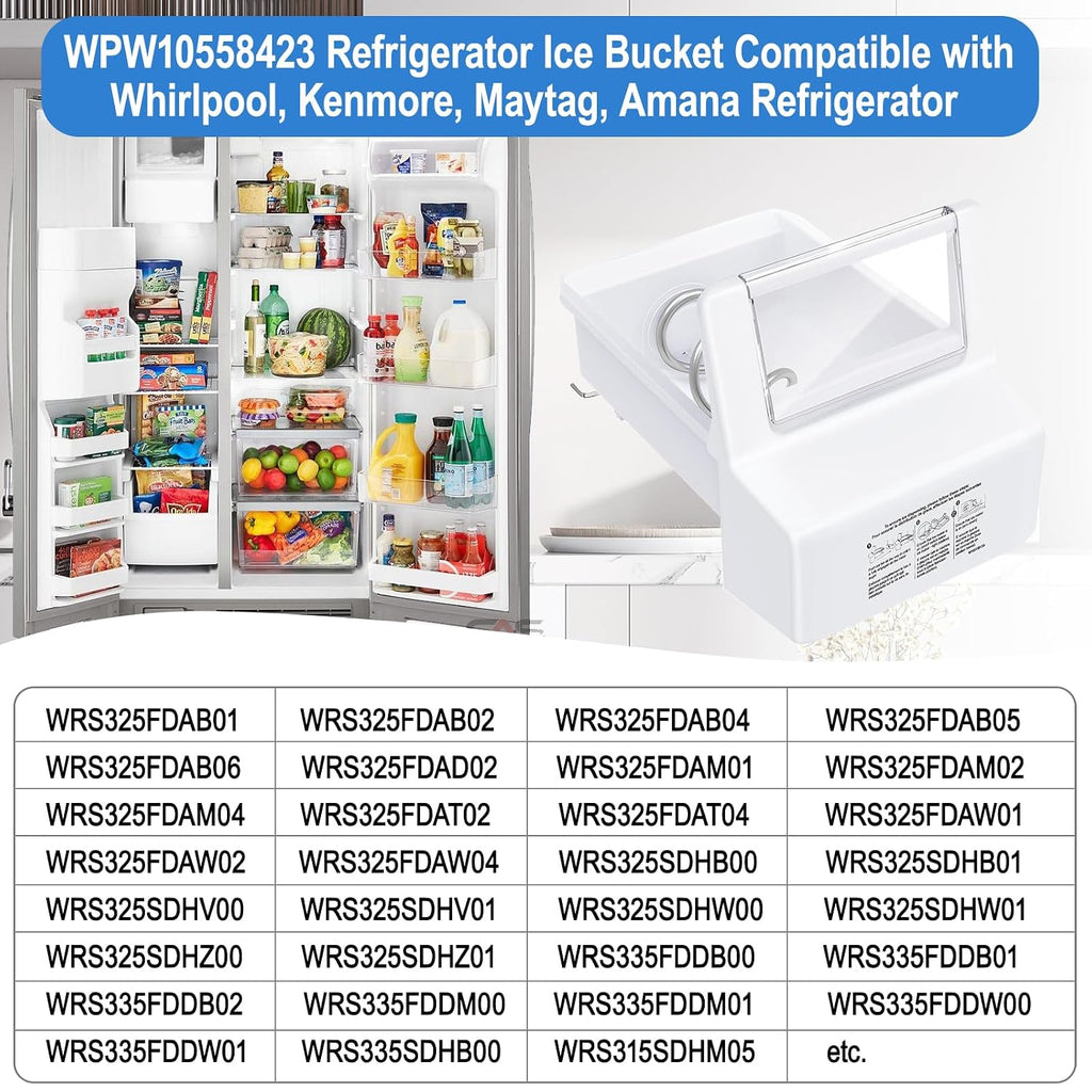 Upgraded WPW10558423 Refrigerator Ice Bucket Compatible with Whirlpool Ice Maker Replacement W10558423 Whirlpool Ice Bucket Ice Bin WRS325FDAM04, WRS315SDHM08, WRS325SDHZ, WRS315SDHZ Ice Maker Tray