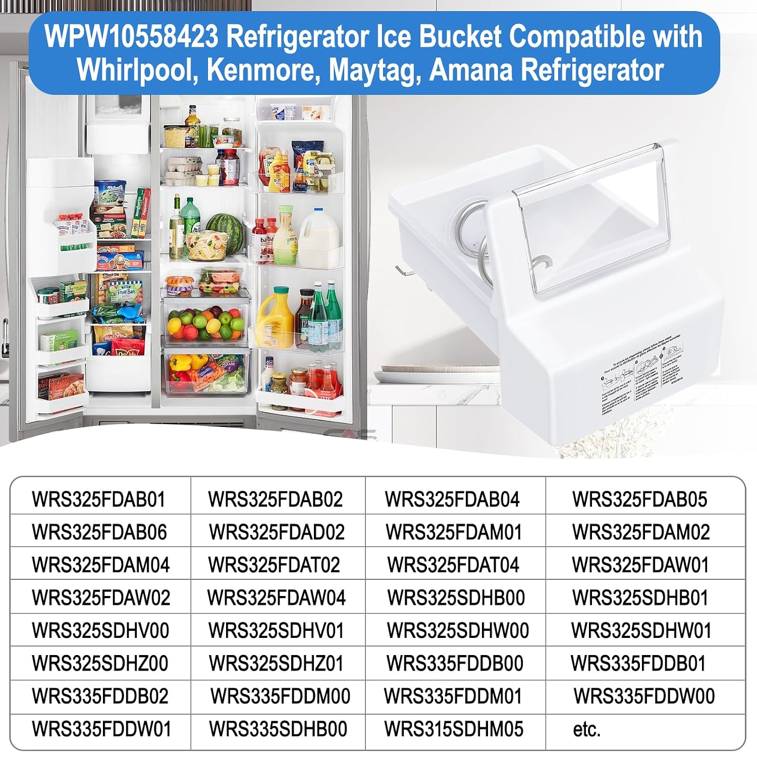Upgraded WPW10558423 Refrigerator Ice Bucket Compatible with Whirlpool Ice Maker Replacement W10558423 Whirlpool Ice Bucket Ice Bin WRS325FDAM04, WRS315SDHM08, WRS325SDHZ, WRS315SDHZ Ice Maker Tray