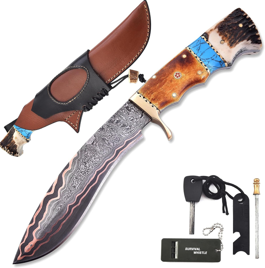 KIMPE Fixed Blade hunting knife. (Copper Damascus & Crown Stag)