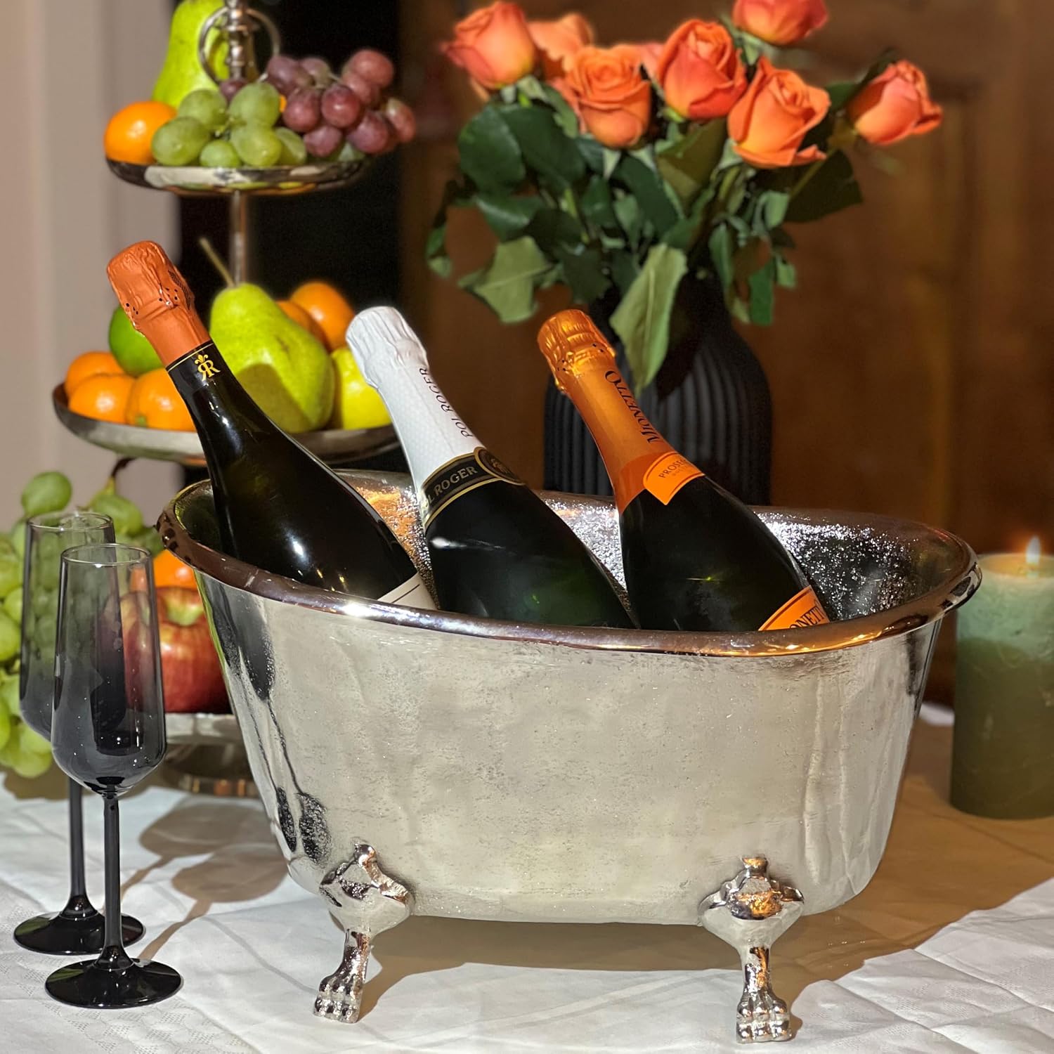 Le Bain Champagne and Wine Ice Bucket, Bathtub Shaped Claw Foot, Multi-Bottle - Large Capacity, Silver Aluminum Nickle, 16.5 Inches Long, Handmade