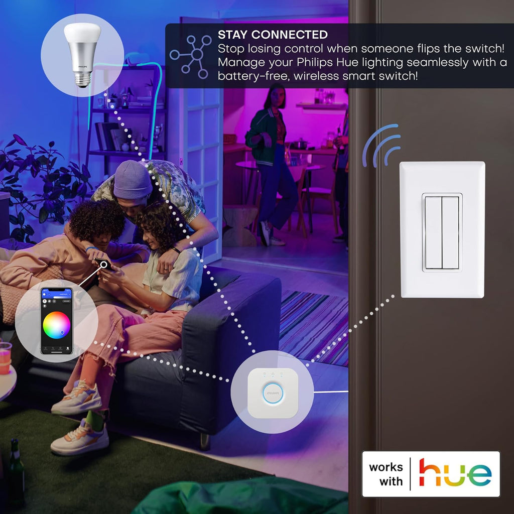 RunLessWire Click for Philips Hue – Battery-Free Wireless Smart Light Switch, 30ft Range – Works Natively with Philips Hue Bridge – Wall Mount Kinetic Switch - Decora Style, White 2 Pack