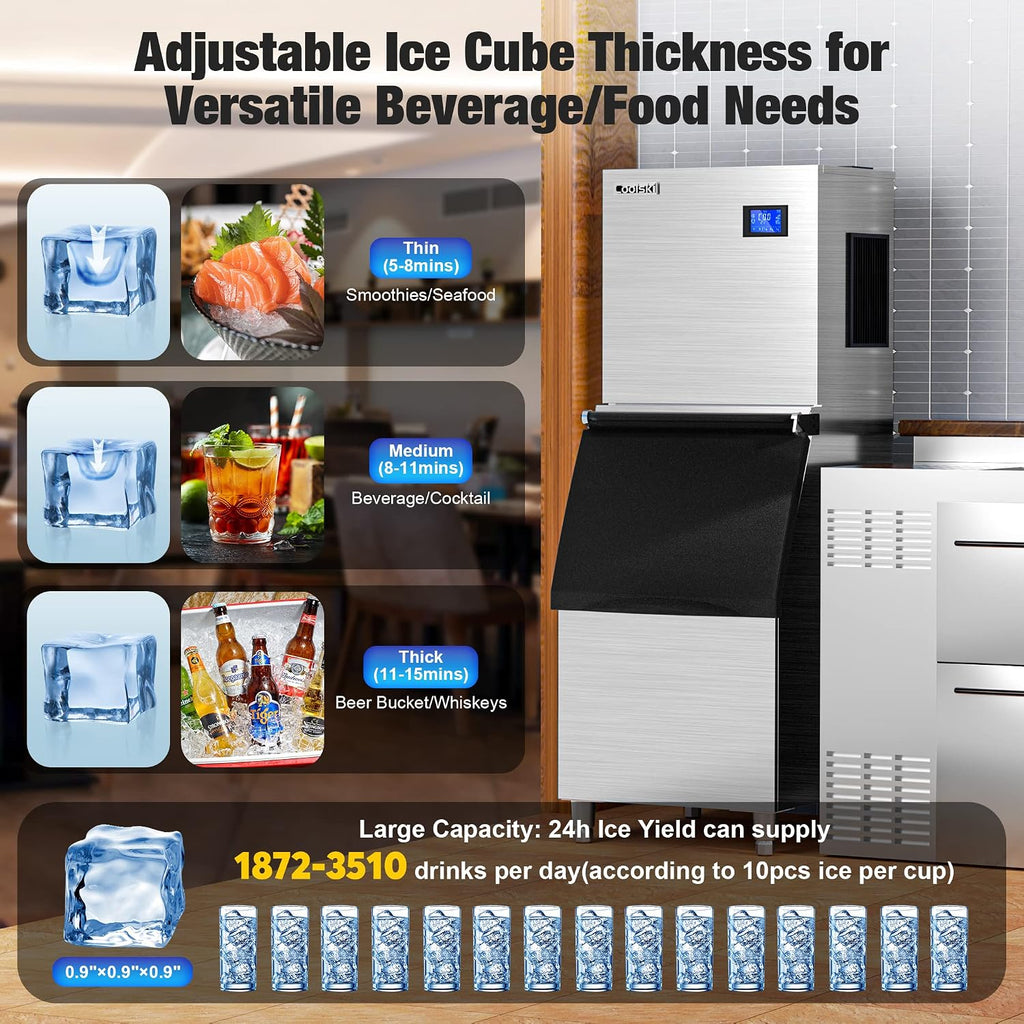 Coolski Commercial Ice Maker Machine 450LBS/24H, 22'' Wide Ice Machine with 300LBS Large Storage Bin, Clear Ice Cubes Air Cooled Stainless Steel Ice Maker for Restaurant/Bar/Cafe/Business